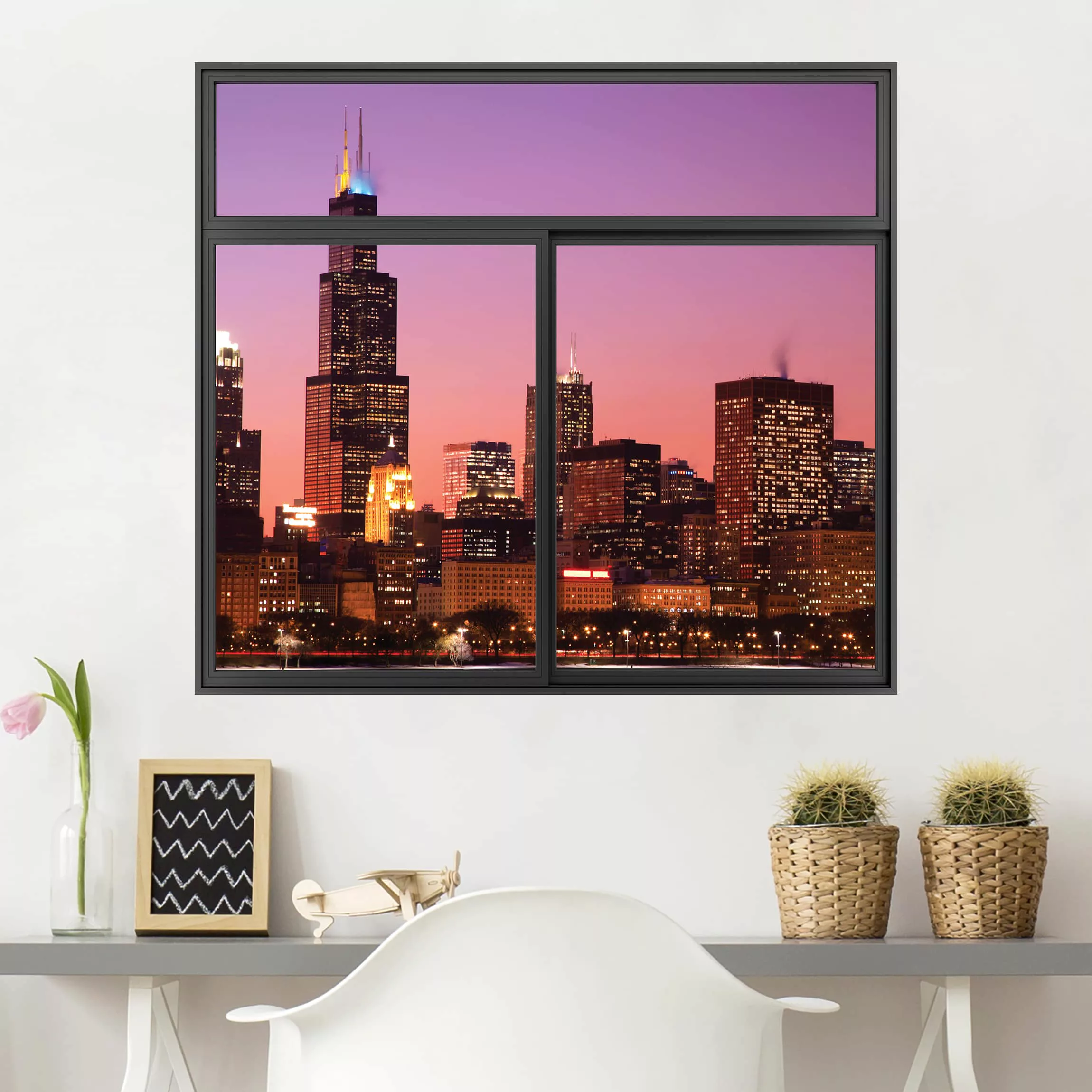 3D Wandtattoo Fenster Schwarz Chicago Skyline günstig online kaufen