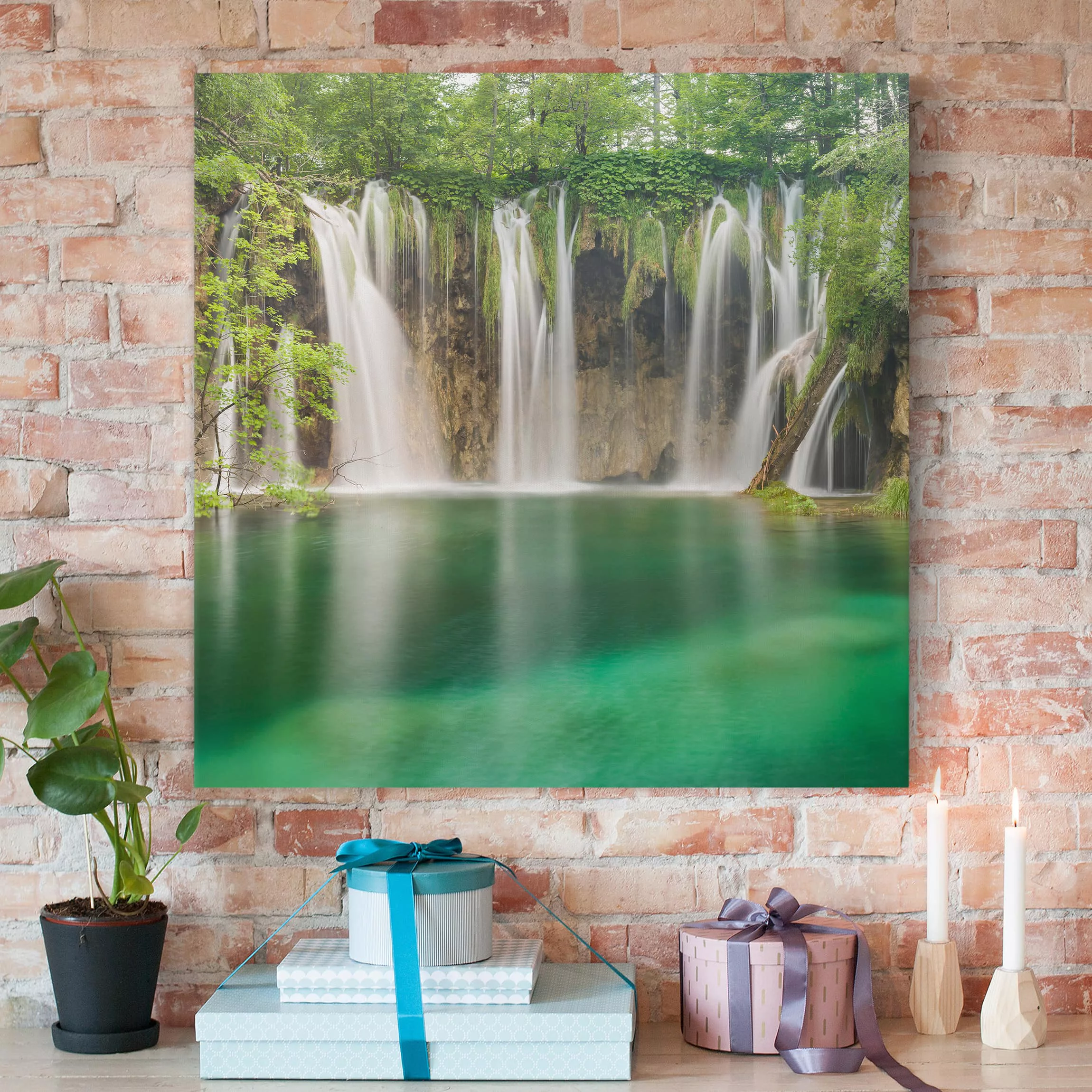 Leinwandbild Wasserfall - Quadrat Wasserfall Plitvicer Seen günstig online kaufen