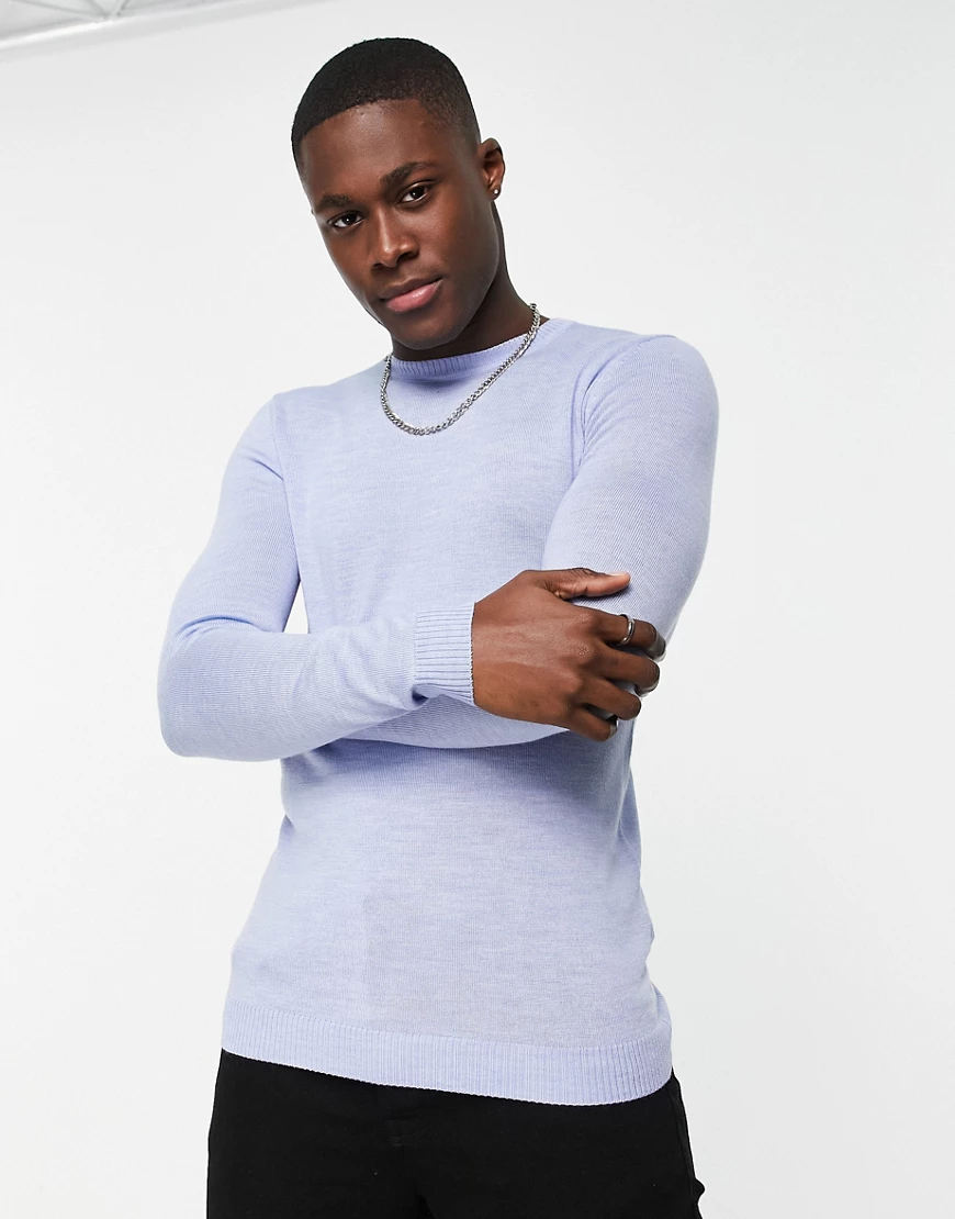 ASOS DESIGN – Pullover mit Muskel-Passform aus Merinowolle in Hellblau günstig online kaufen