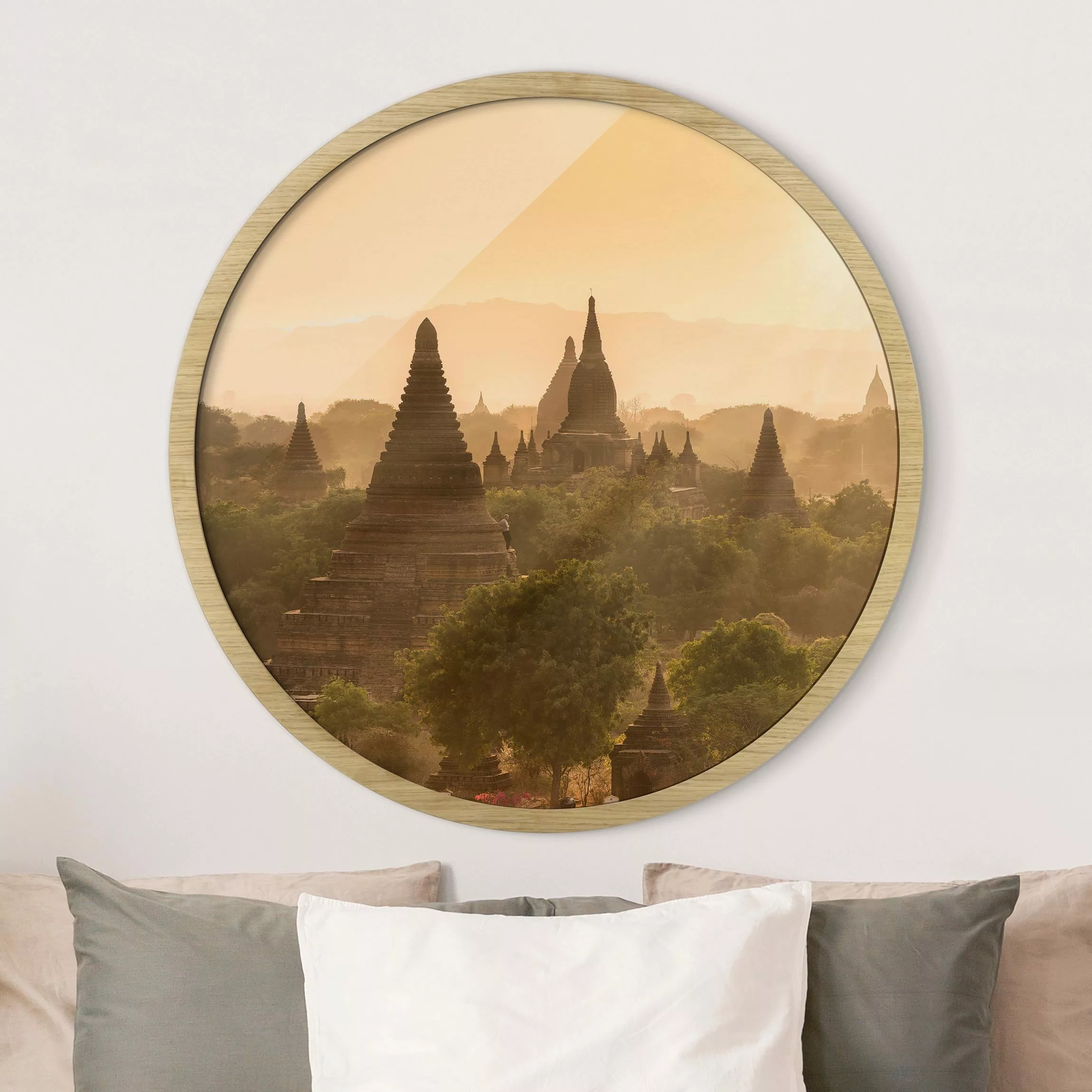 Rundes Gerahmtes Bild Sonnenuntergang über Bagan günstig online kaufen