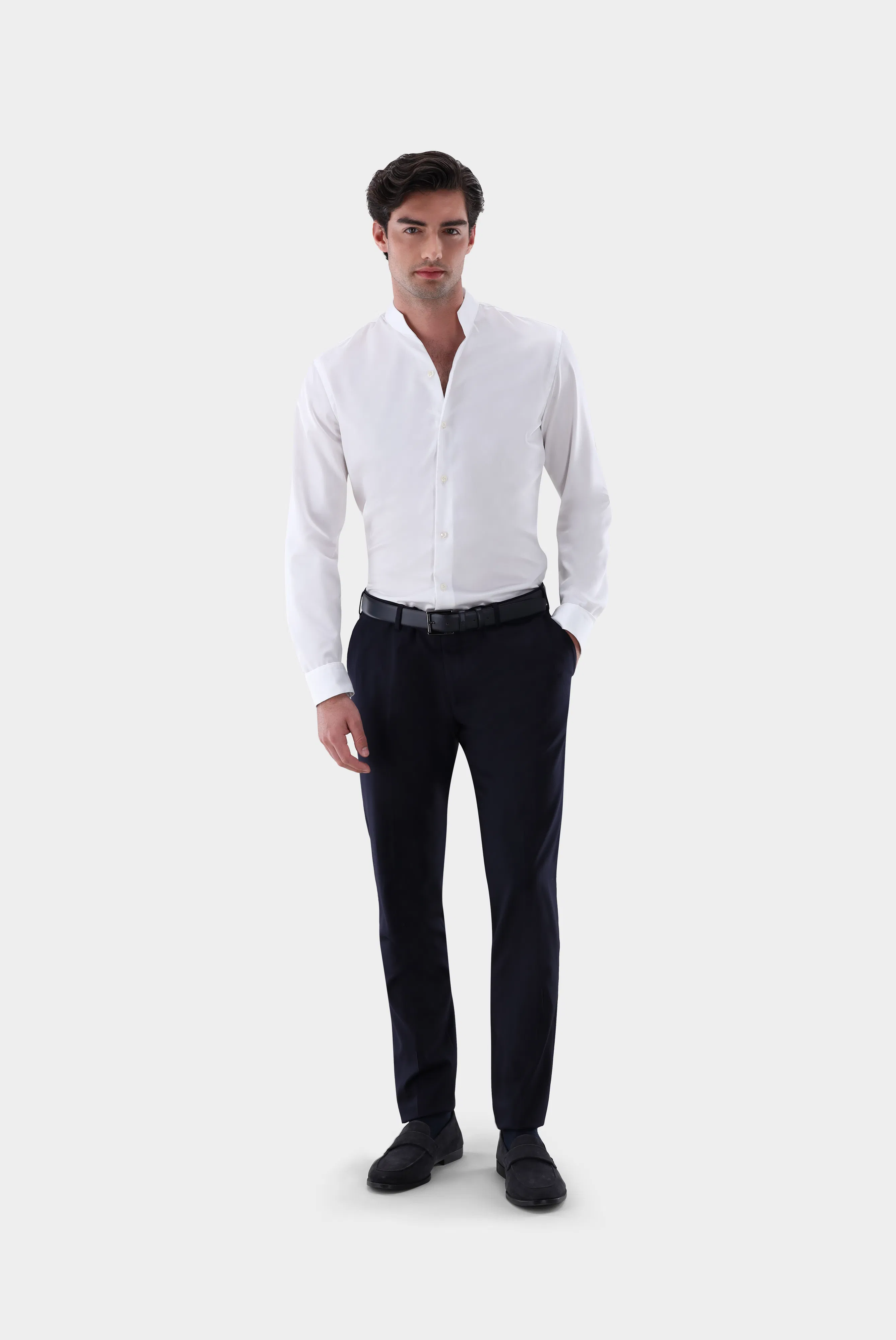 Stehkragenhemd aus bügelfreiem Twill Gewebe günstig online kaufen