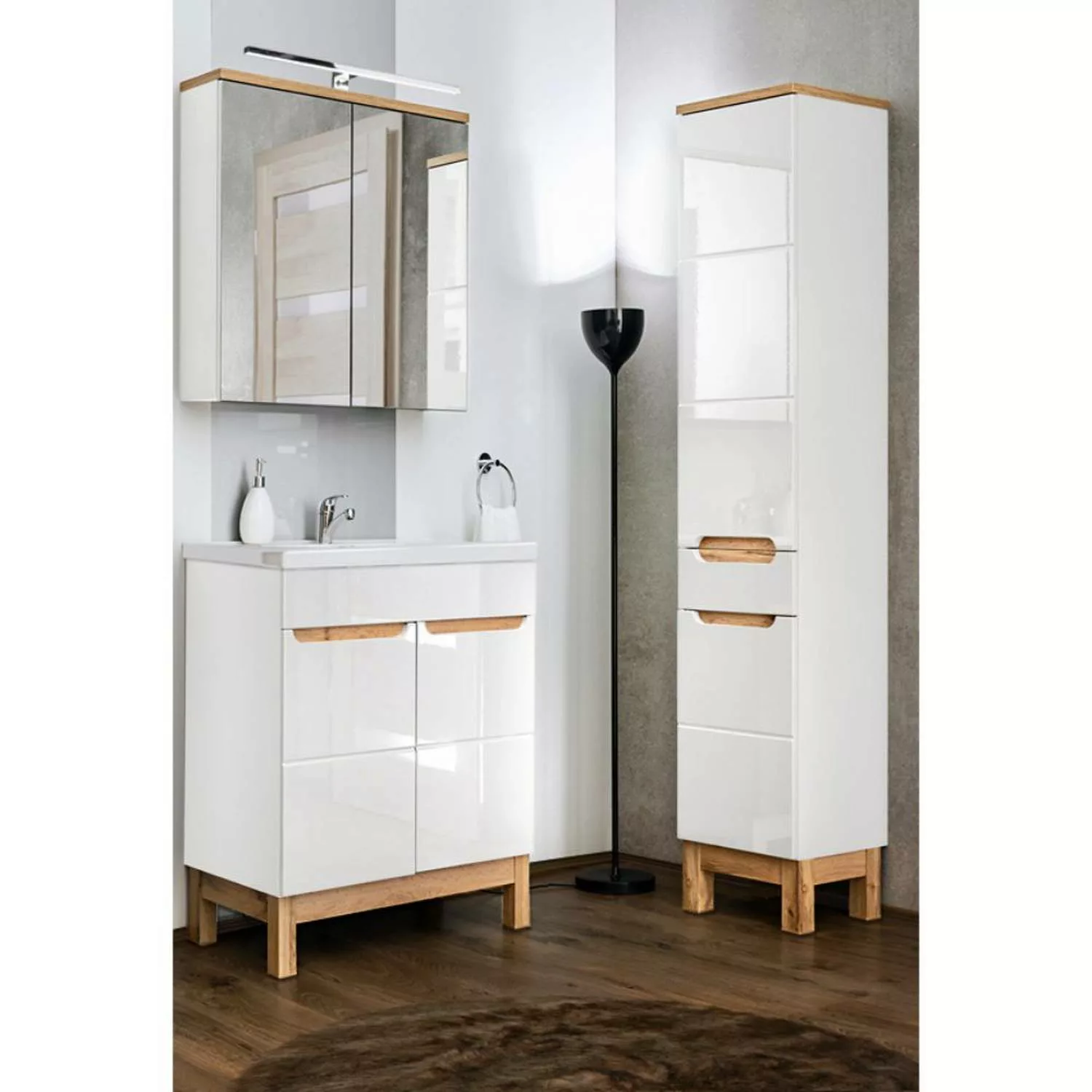 Badmöbel Set mit 60cm Waschtisch & Spiegelschrank und Hochschrank SOLNA-56 günstig online kaufen