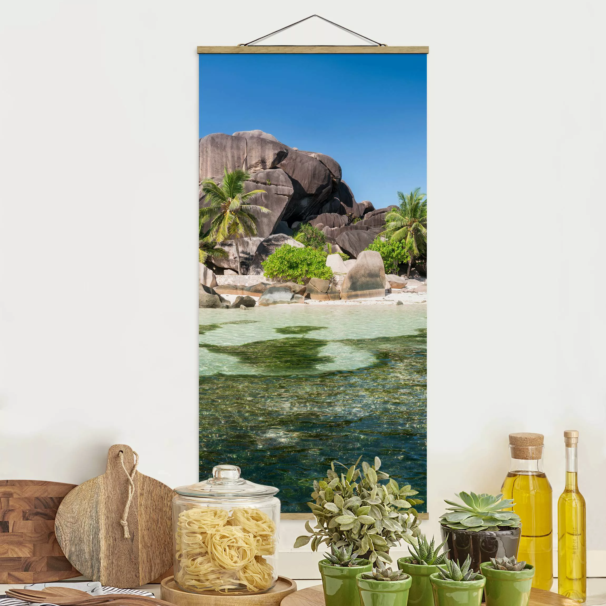 Stoffbild mit Posterleisten La Digue günstig online kaufen