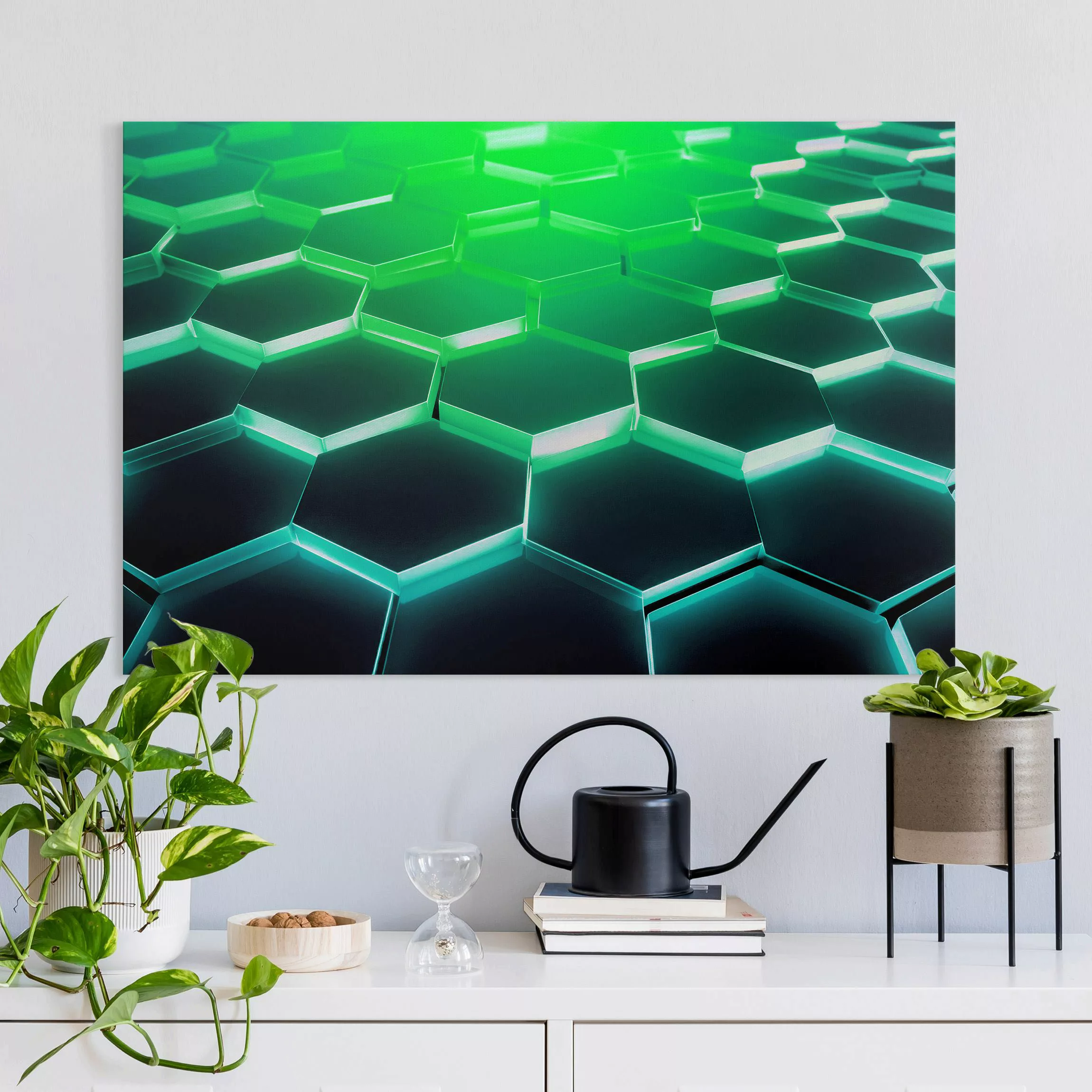 Leinwandbild Hexagone mit Neonlicht in Grün und Türkis günstig online kaufen