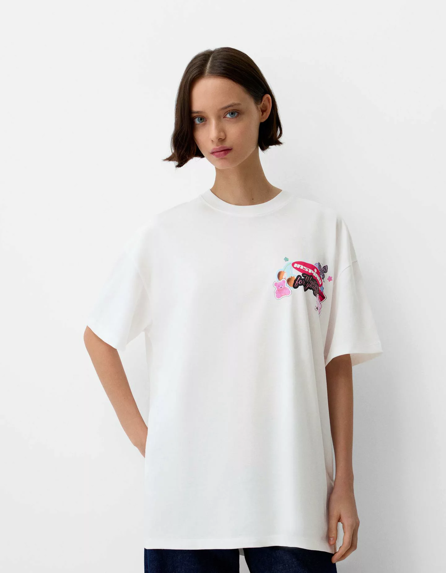 Bershka Oversize-T-Shirt Mit Print Damen S Grbrochenes Weiss günstig online kaufen