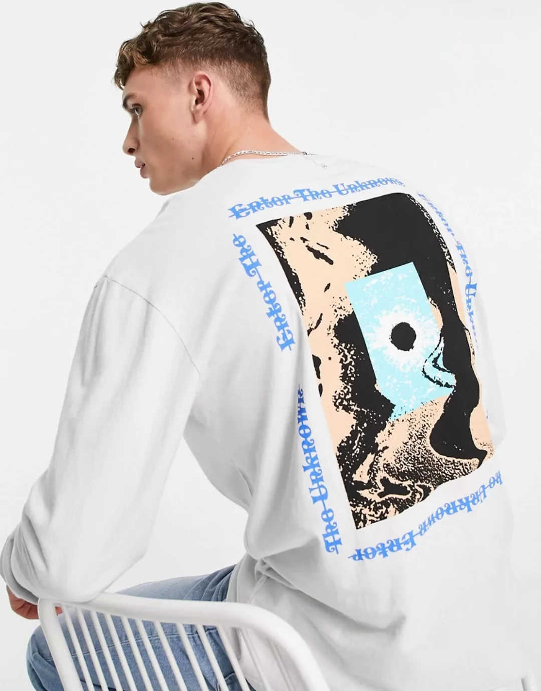 Topman – Langärmliges Oversize-Shirt in Grau mit „Enter the Unknown“-Print günstig online kaufen