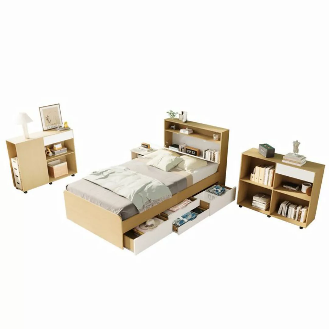 HAUSS SPLOE Holzbett Komplettschlafzimmer Set, Einzelbett + Schränke mit Ro günstig online kaufen