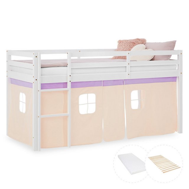 Homestyle4u Hochbett 90x200 Kinderbett Weiß Vorhang Beige Lila 1 Kind Kiefe günstig online kaufen