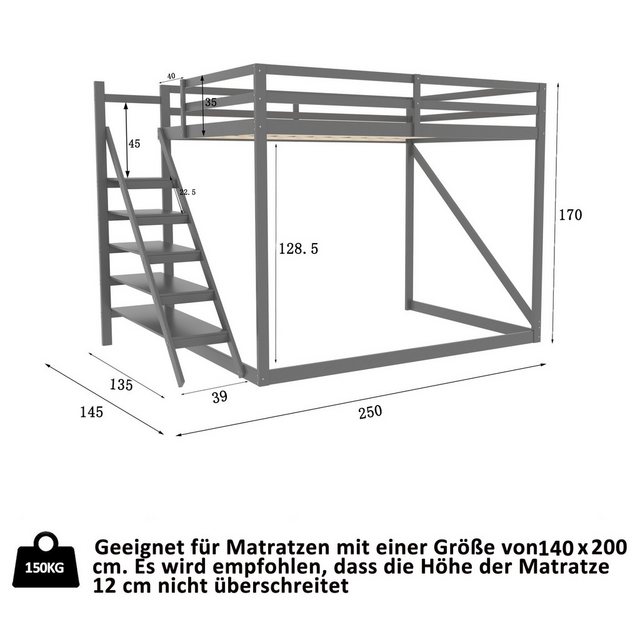 Flieks Hochbett Kinderbett Etagenbett 140x200cm mit Leiter und oberem Latte günstig online kaufen