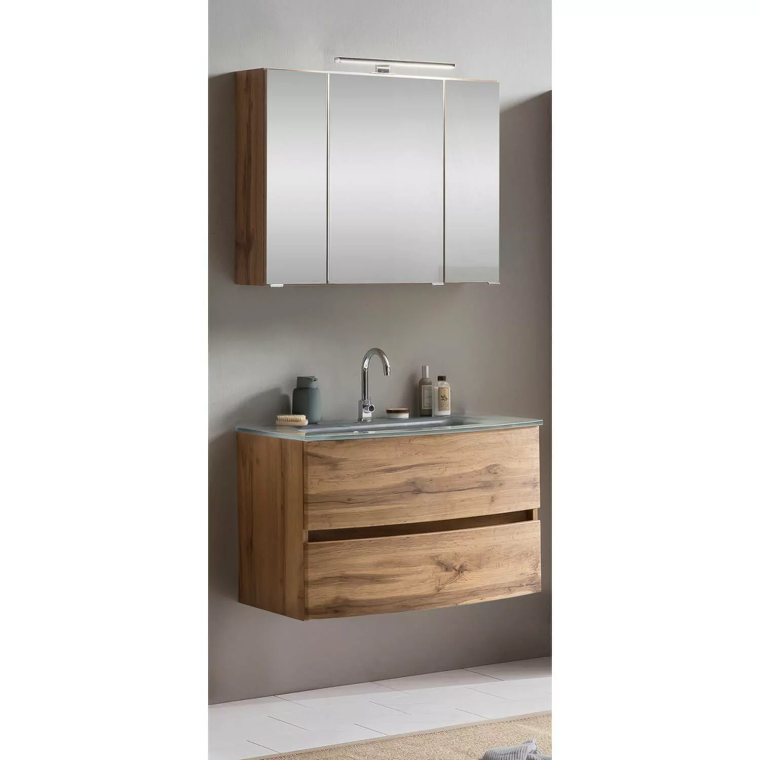 Badezimmer Waschtisch Set in Wotaneiche Nachbildung LAURIA-03 mit Spiegelsc günstig online kaufen