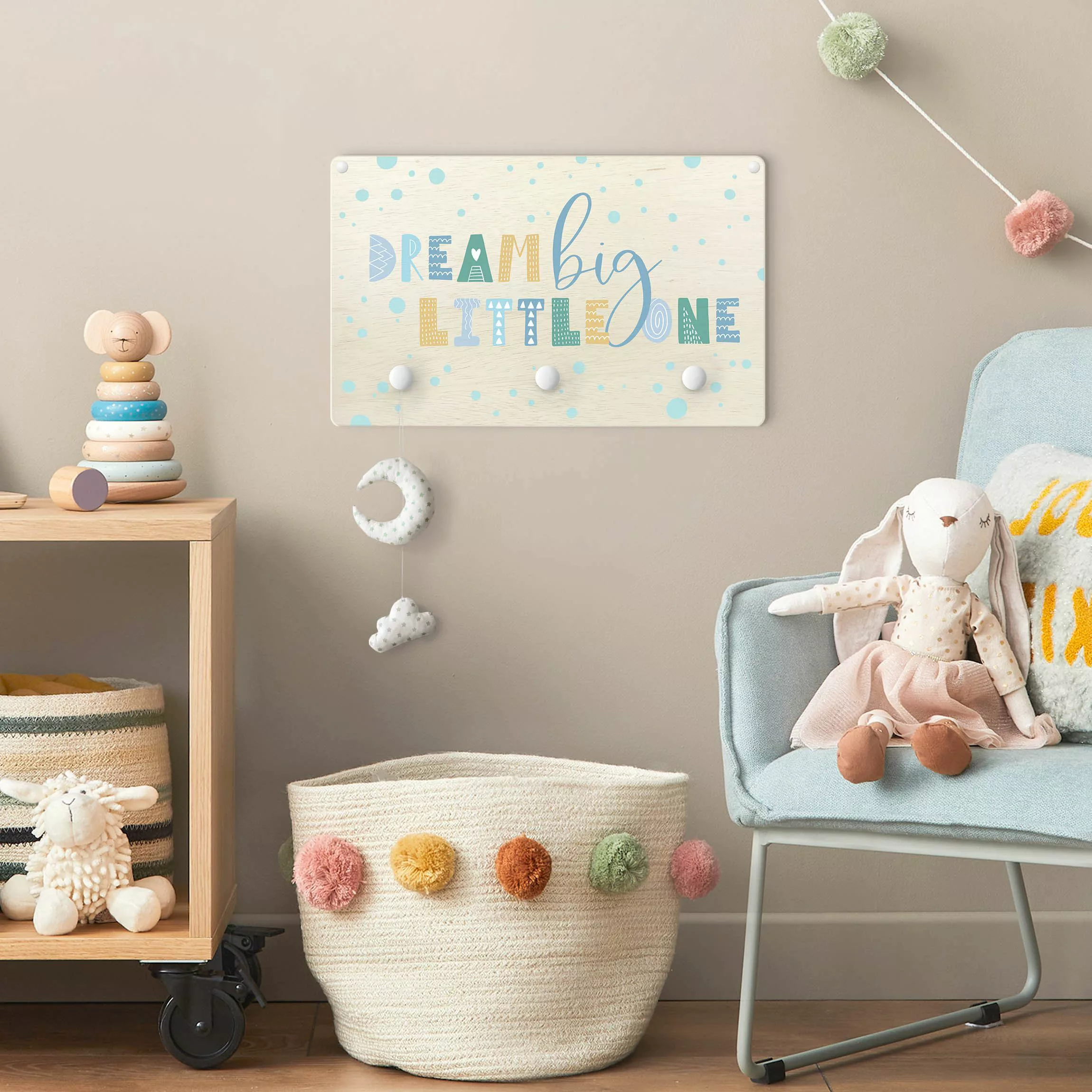 Kindergarderobe Holz Dream big little one Blau günstig online kaufen