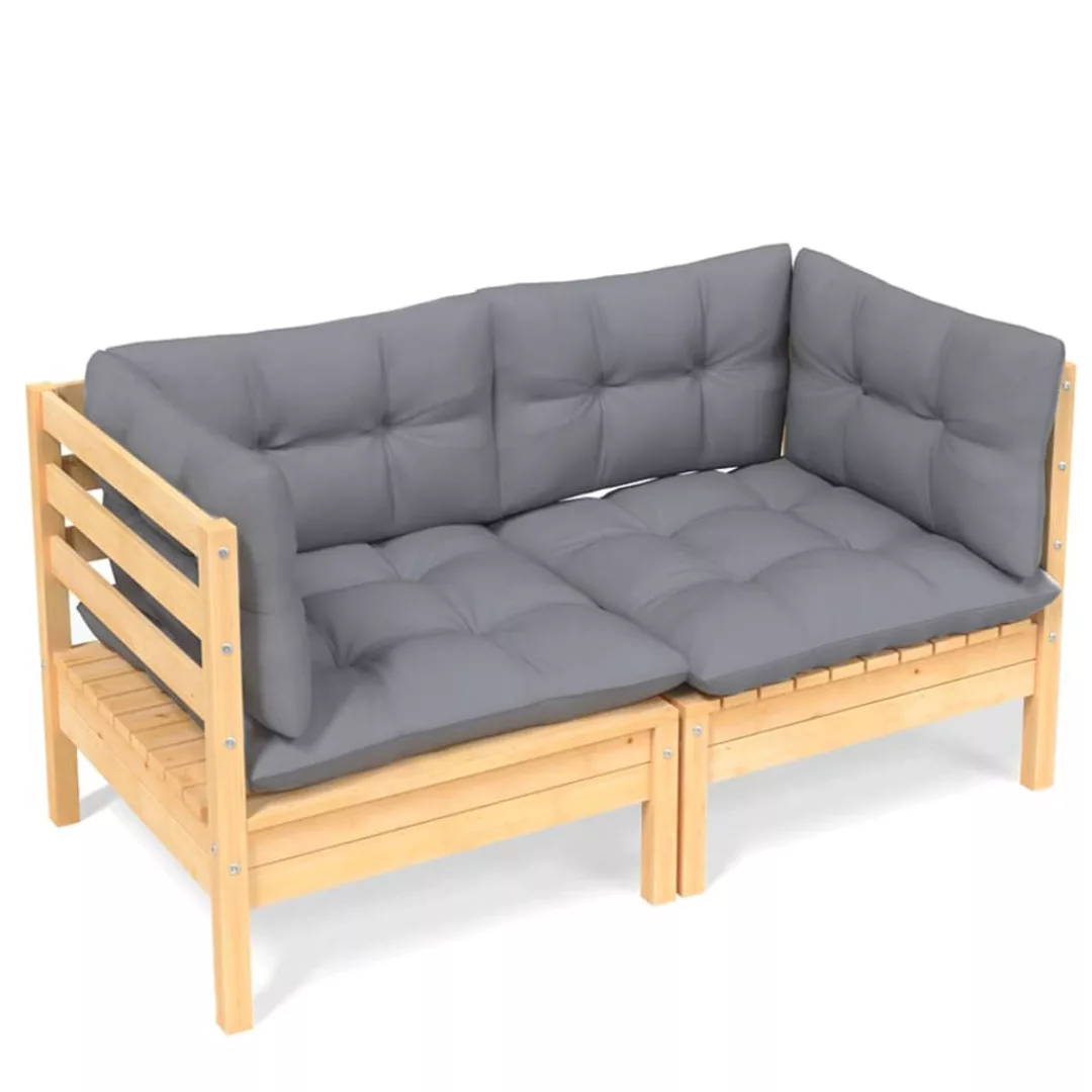 vidaXL Loungesofa 2-Sitzer-Gartensofa mit Grauen Kissen Massivholz Kiefer, günstig online kaufen