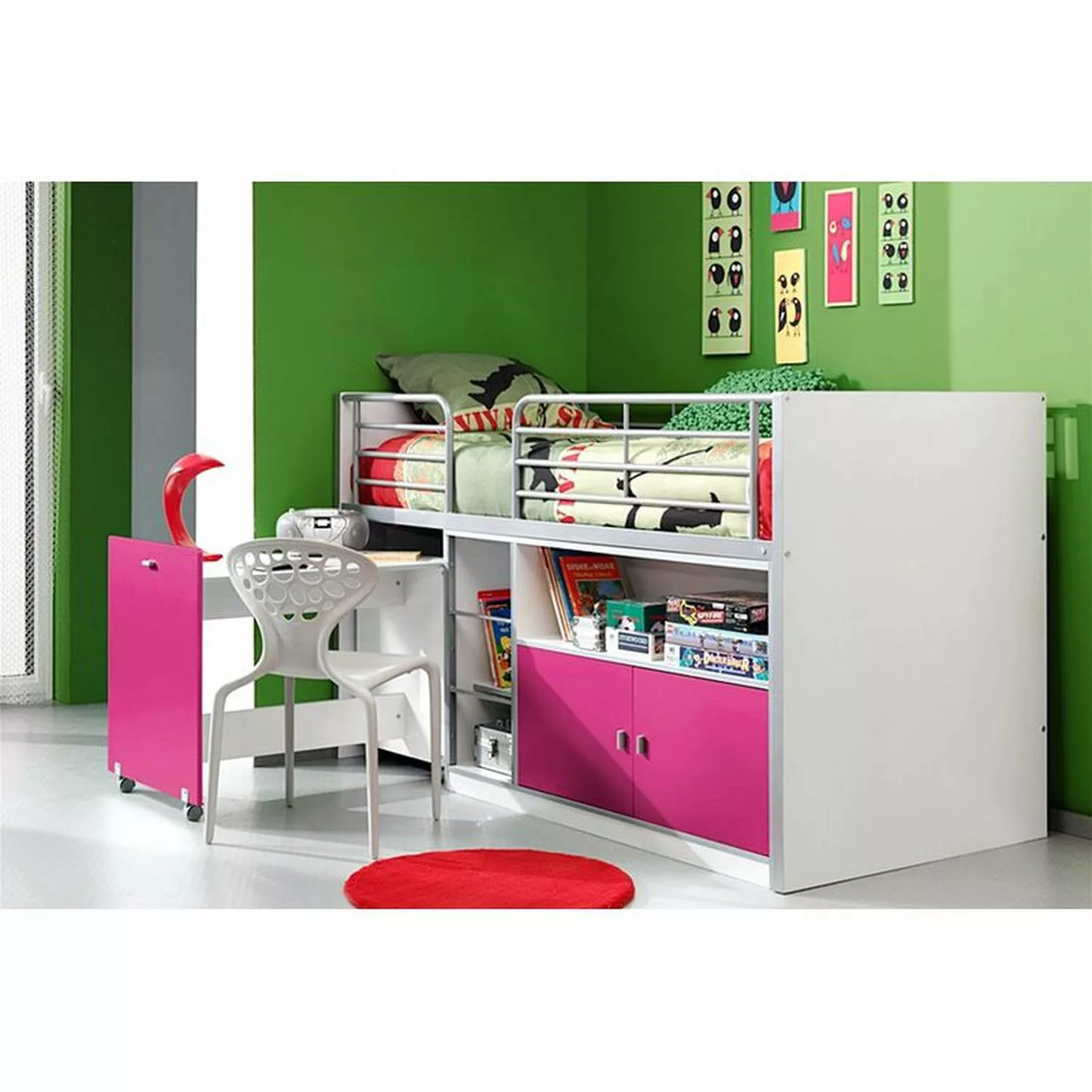 Lomadox Kinderbett, BONNY-12, mit rollbarem Schreibtisch, 90x200cm, Weiß Fu günstig online kaufen
