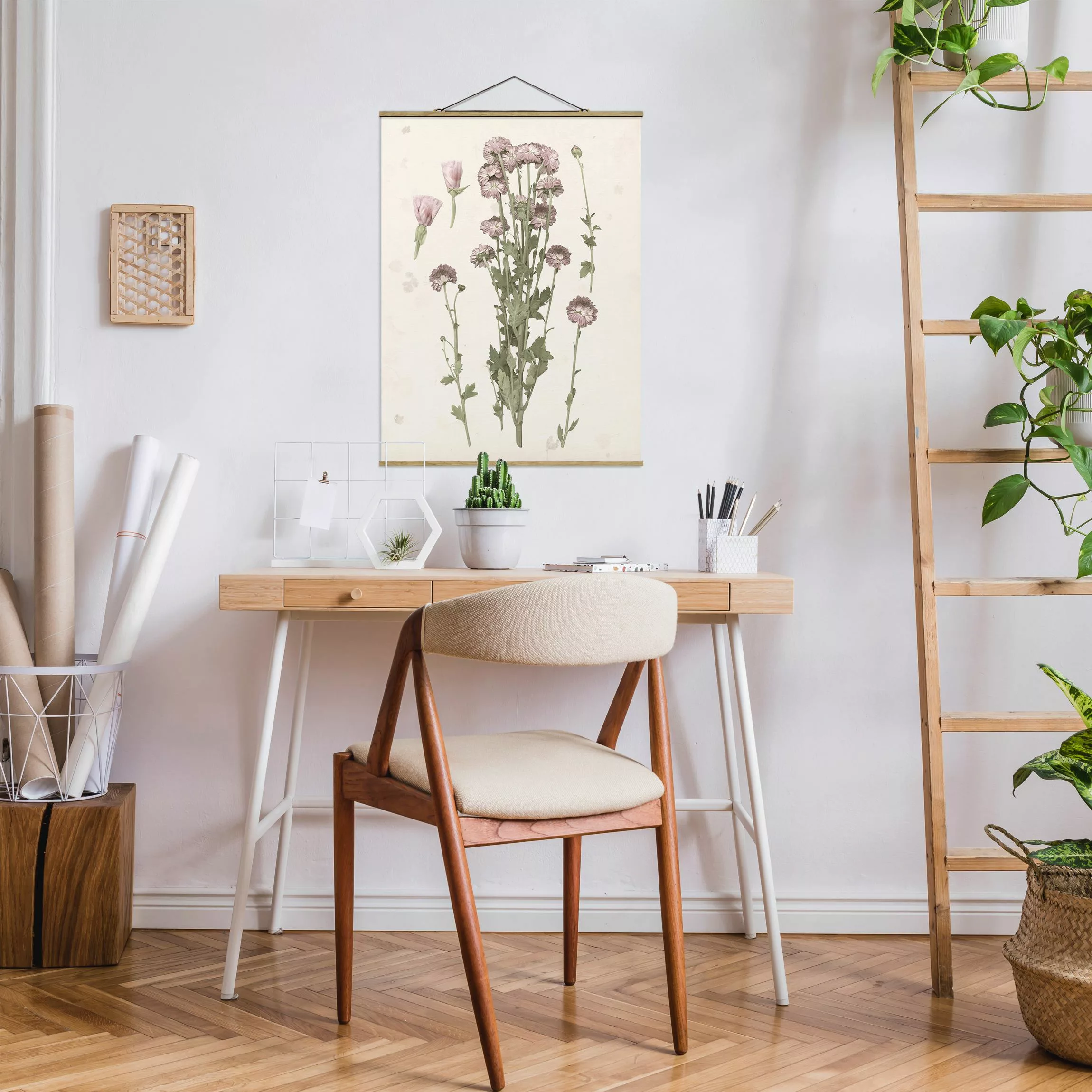 Stoffbild Blumen mit Posterleisten - Hochformat Herbarium in rosa I günstig online kaufen