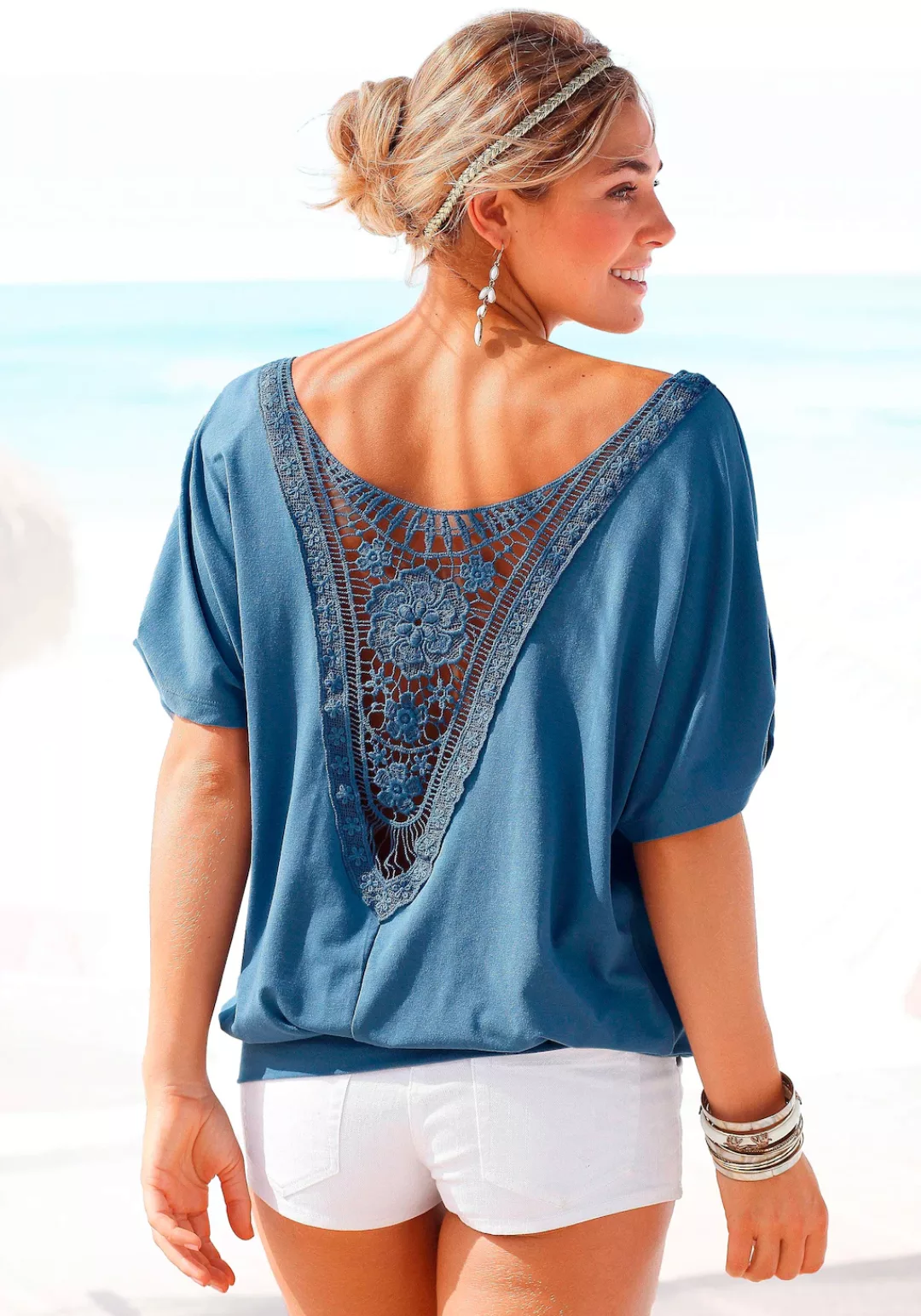 LASCANA Strandshirt, mit Häkeleinsatz am Rücken, T-Shirt, weite Passform, l günstig online kaufen