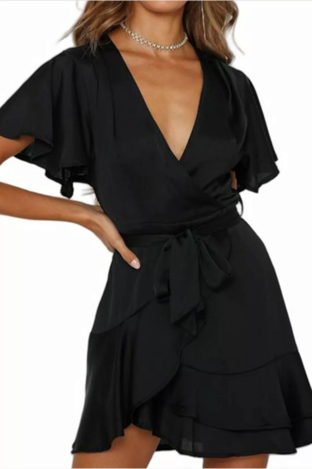 JDMGZSR Sommerkleid Wickelkleid mit V-Ausschnitt Rüschen und verstellbarem günstig online kaufen