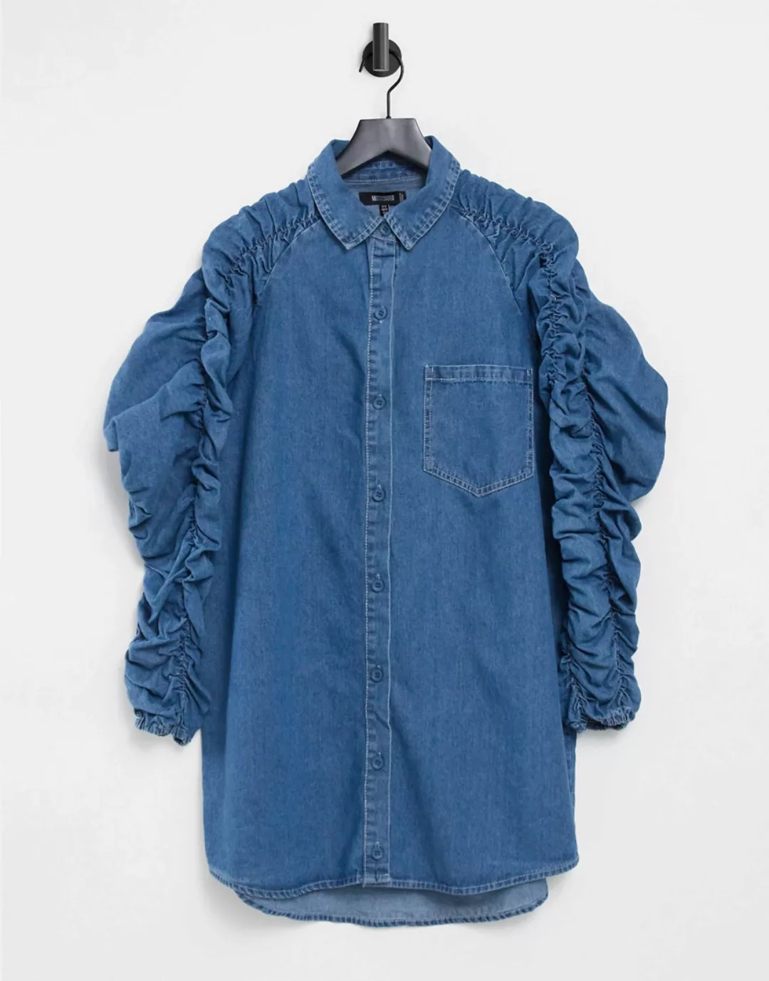Missguided – Hemdblusenkleid aus Denim mit gerüschten Ärmeln in Blau günstig online kaufen