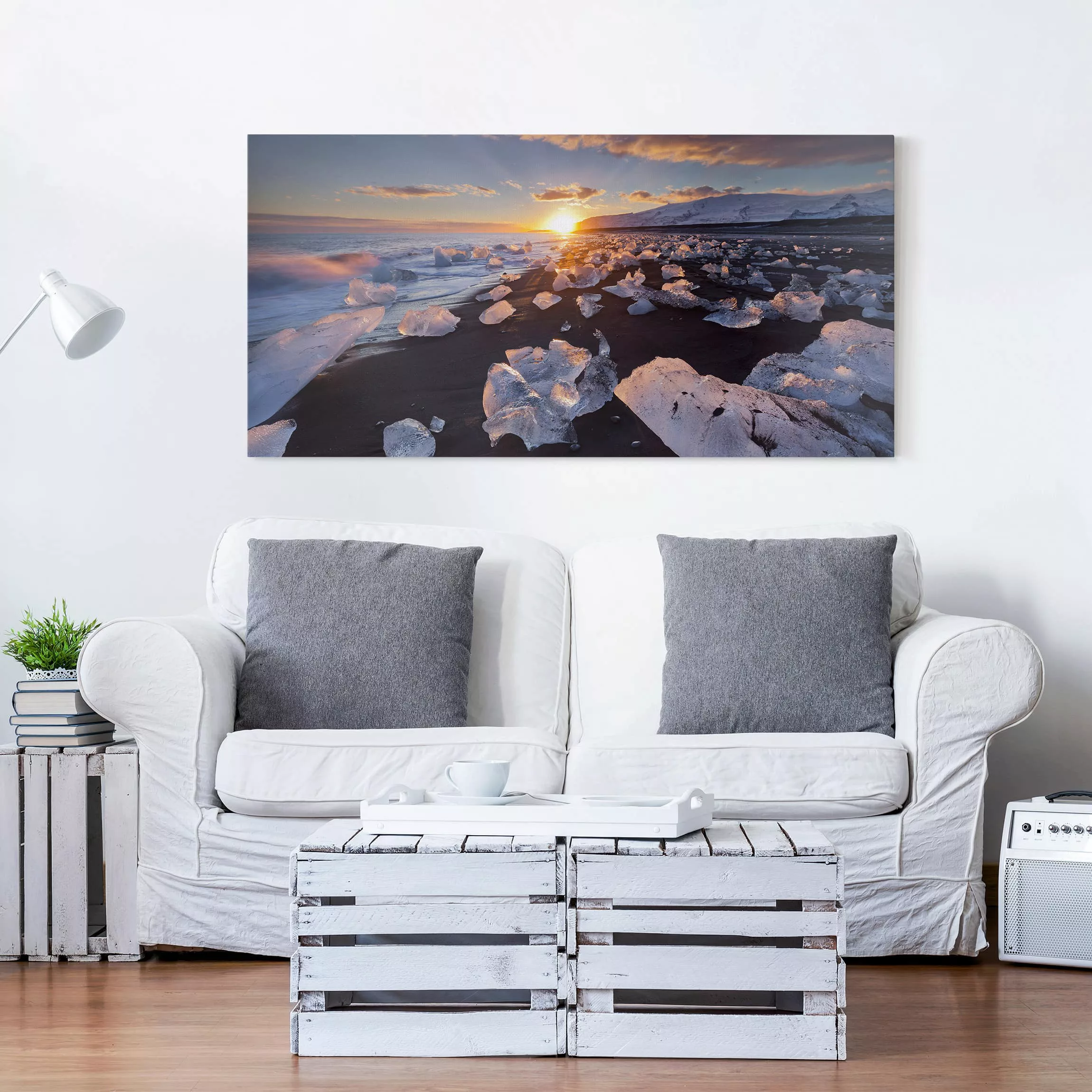 Leinwandbild Natur & Landschaft - Querformat Eisbrocken am Strand Island günstig online kaufen