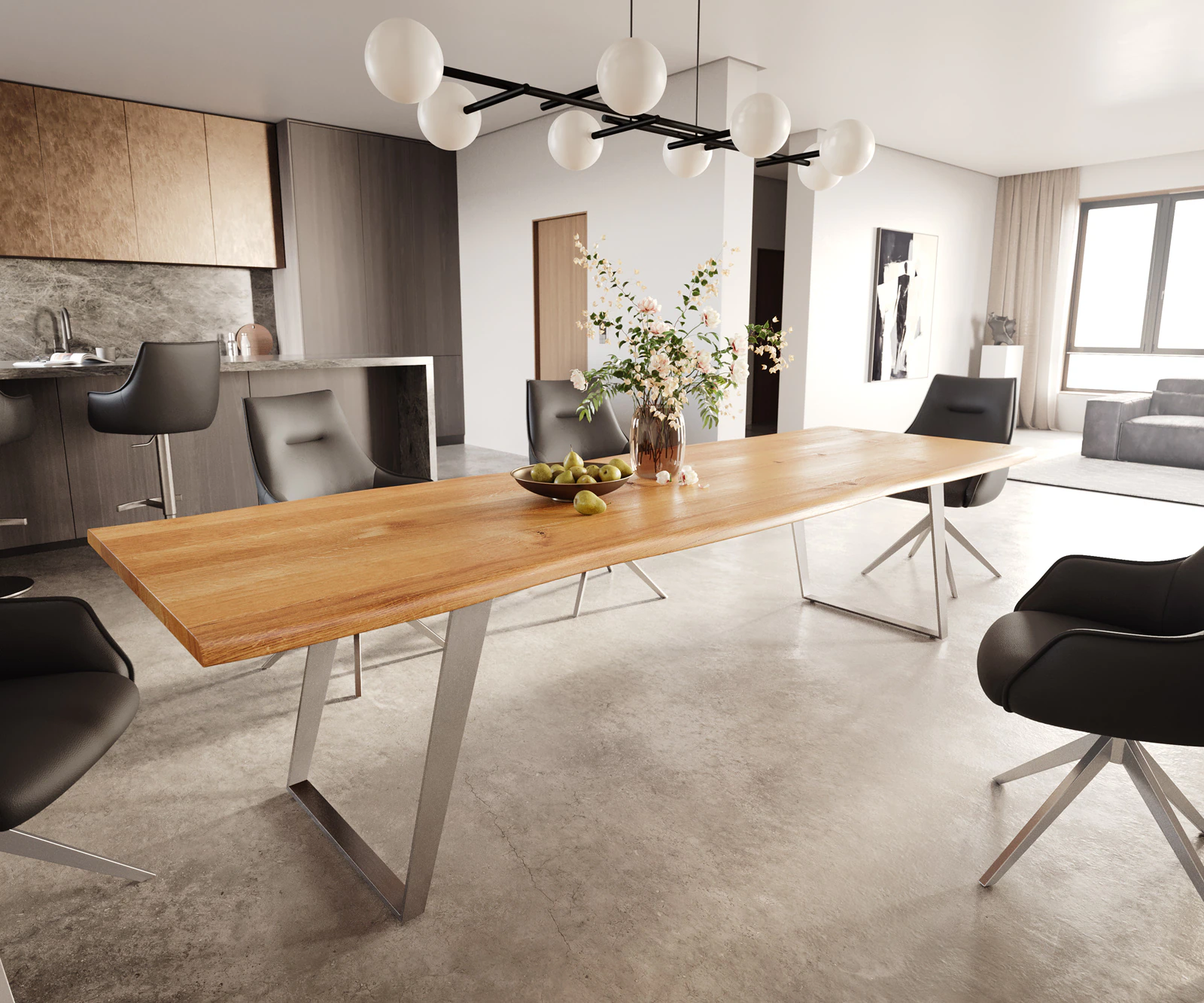 Esstisch Edge 300x100x4 Eiche Natur Edelstahl Schräg Live-Edge günstig online kaufen
