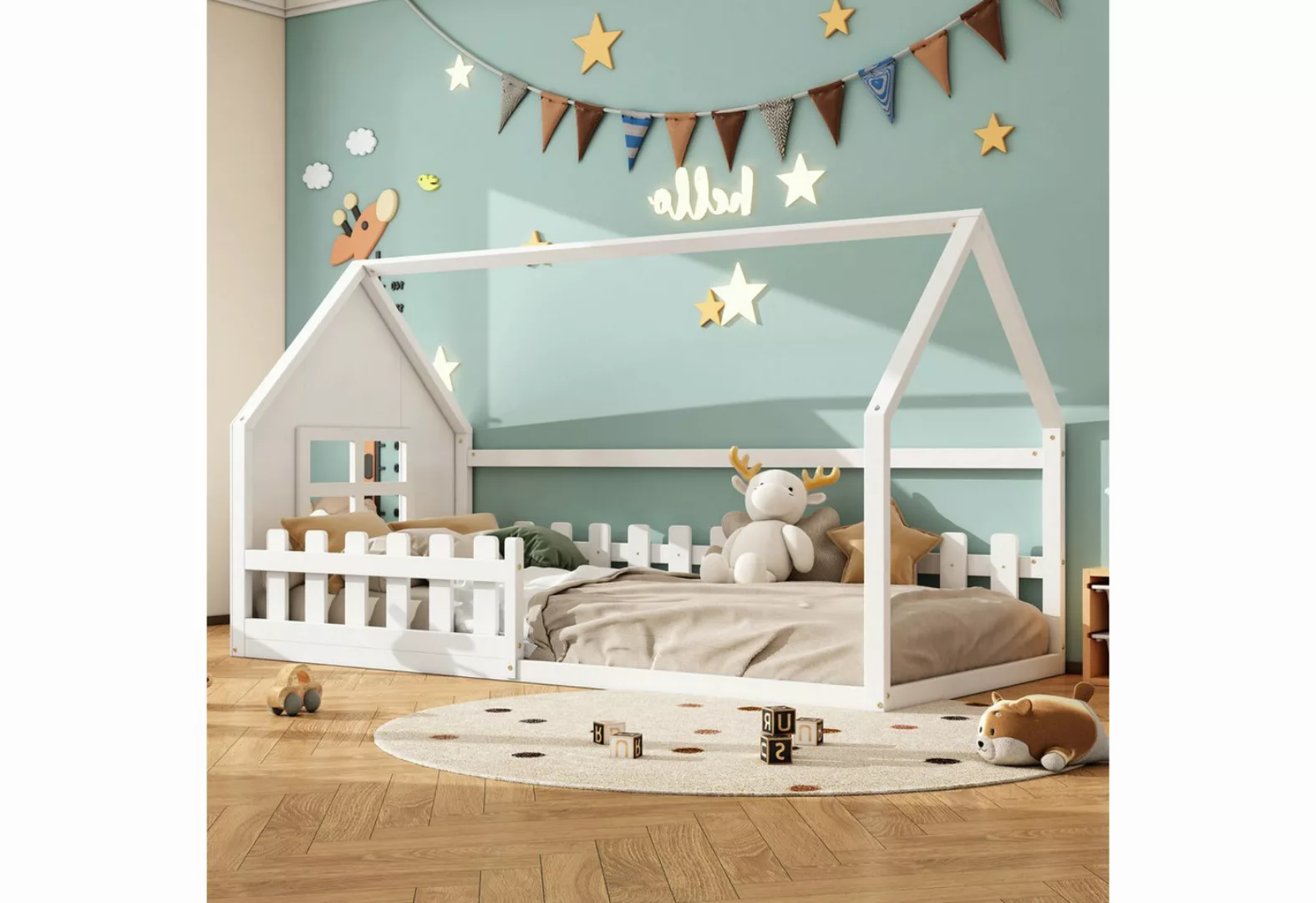FUROKOY Kinderbett Kinderbett im Hausstil 90x200cm, Plattformbett mit Latte günstig online kaufen