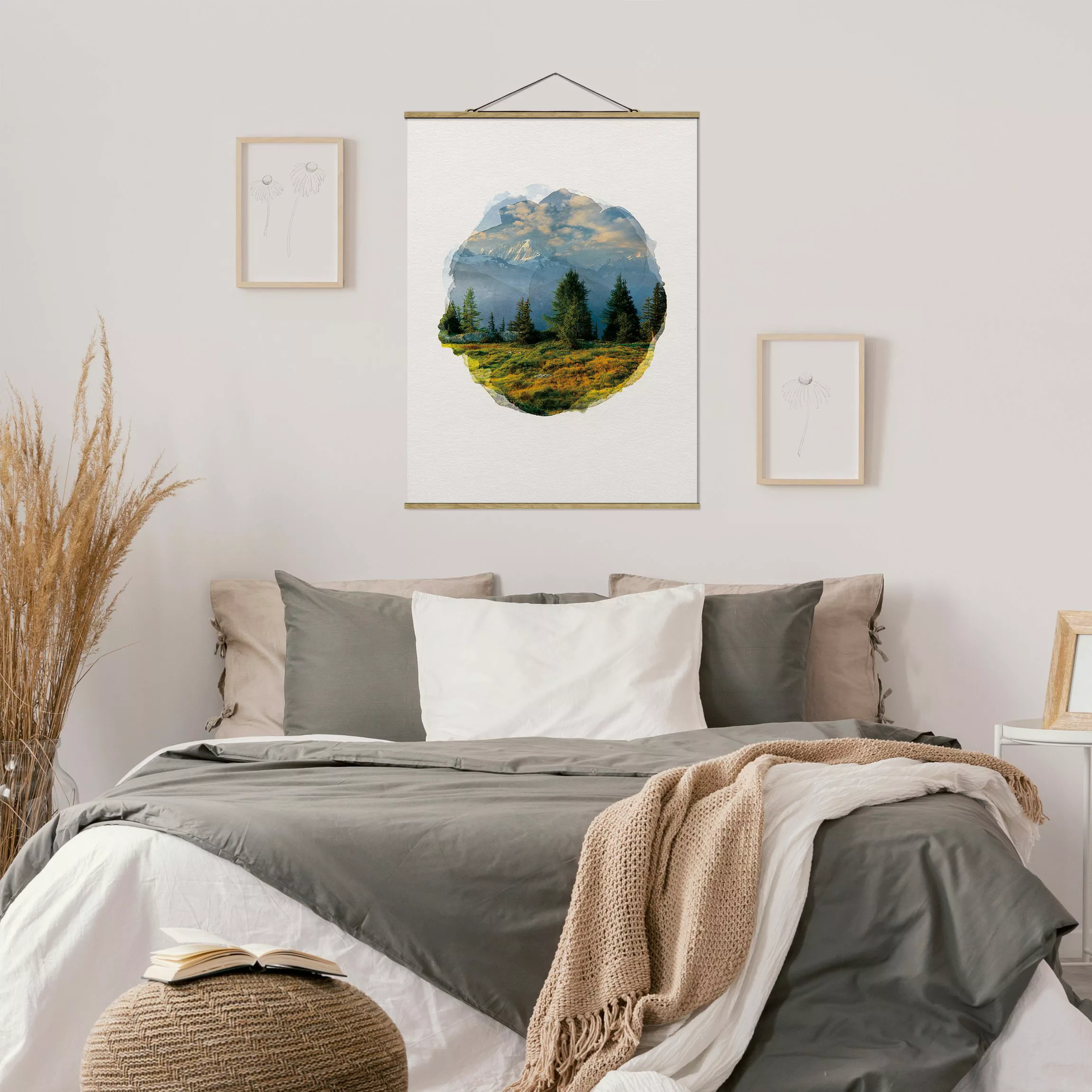Stoffbild Berge mit Posterleisten - Hochformat Wasserfarben - Émosson Walli günstig online kaufen