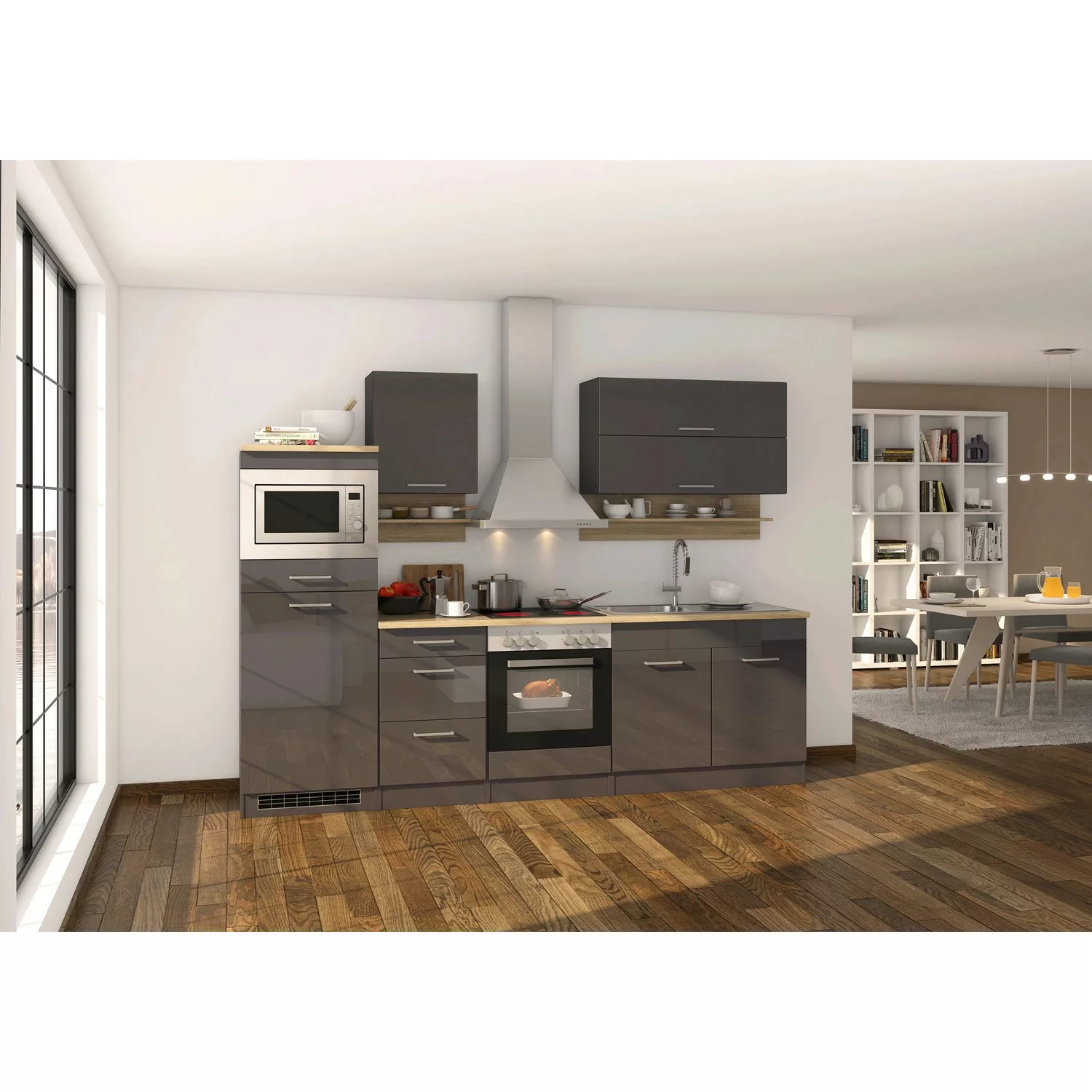 Held Möbel Küchenzeile Mailand 270 cm Grau Hochglanz-Grau Matt ohne E-Gerät günstig online kaufen