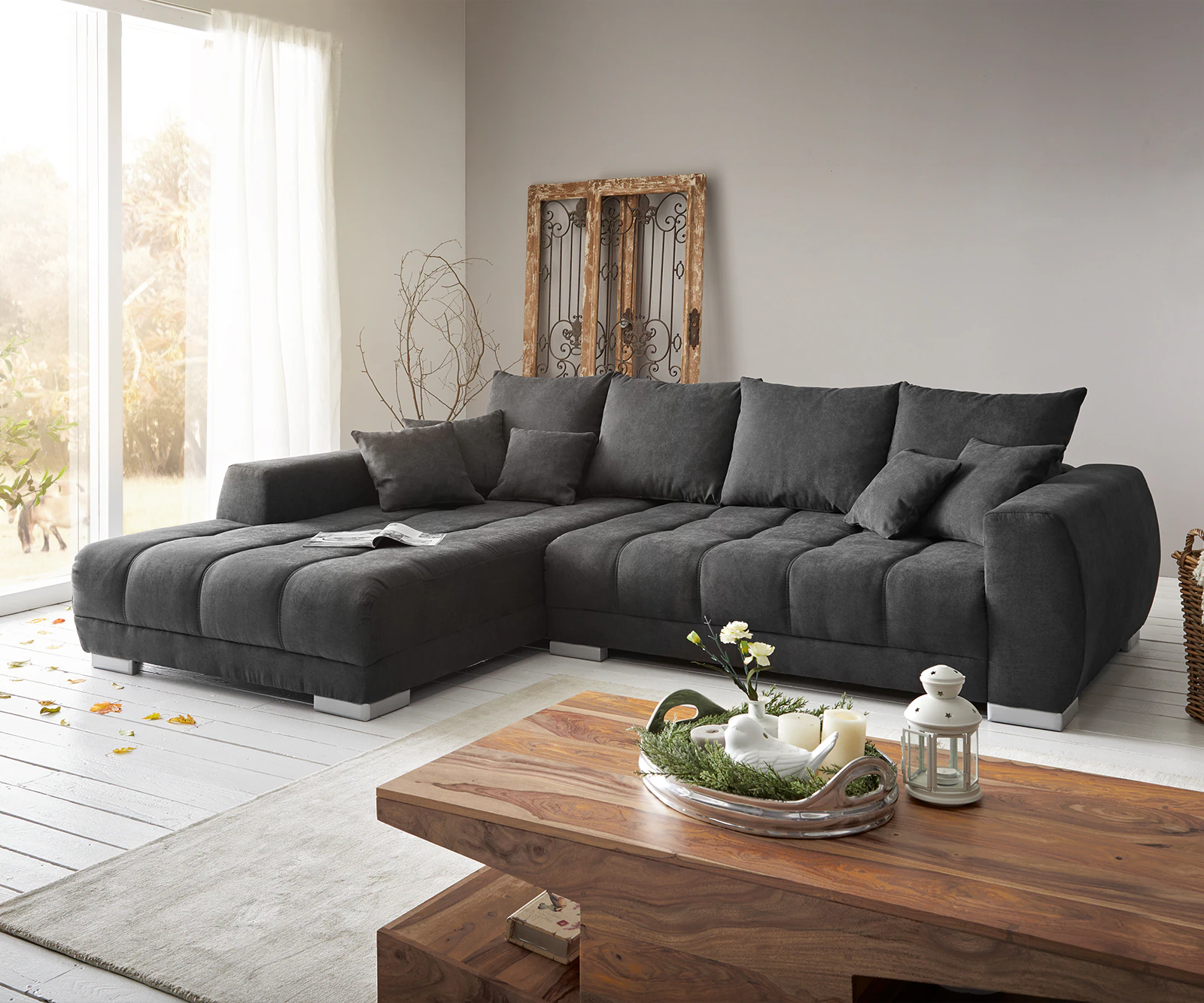 Ecksofa Josea 300x220 cm Mikrofaser Schwarz Recamiere links günstig online kaufen