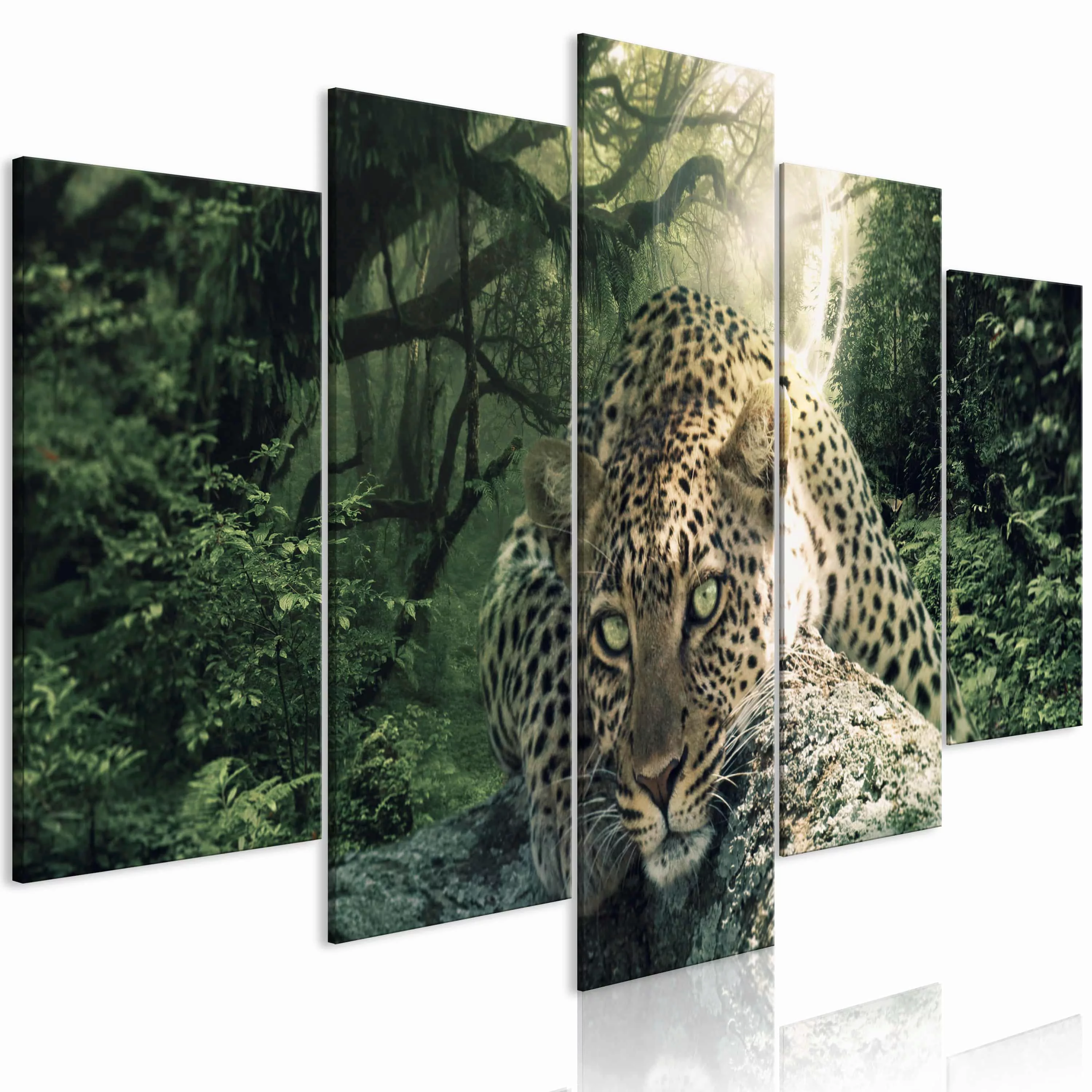 Wandbild - Leopard Lying (5 Parts) Wide Pale Green günstig online kaufen