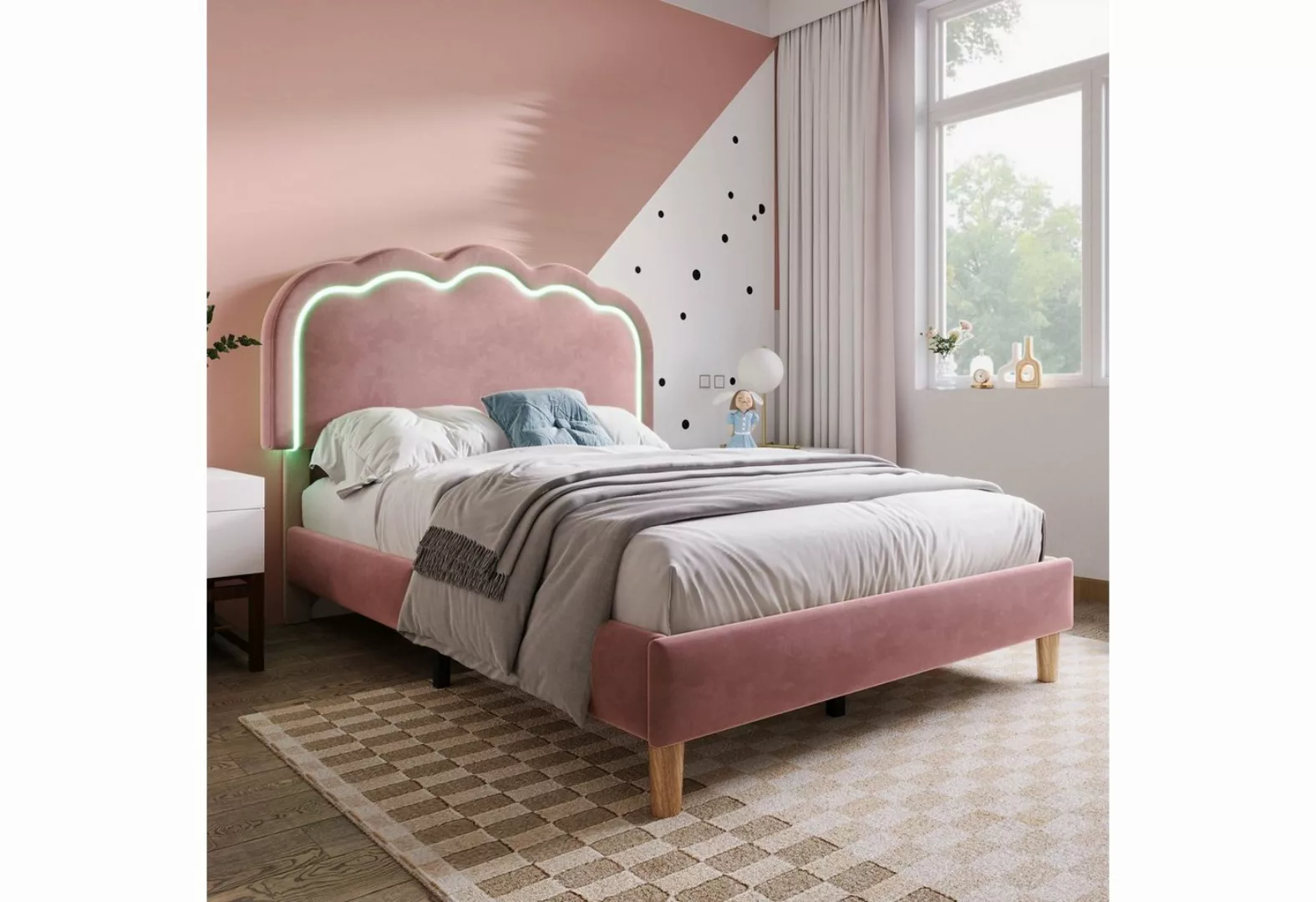 Fangqi Polsterbett 90x190/200cm LED Einzelbett,Beige Leinenmaterial/Rosa Sa günstig online kaufen