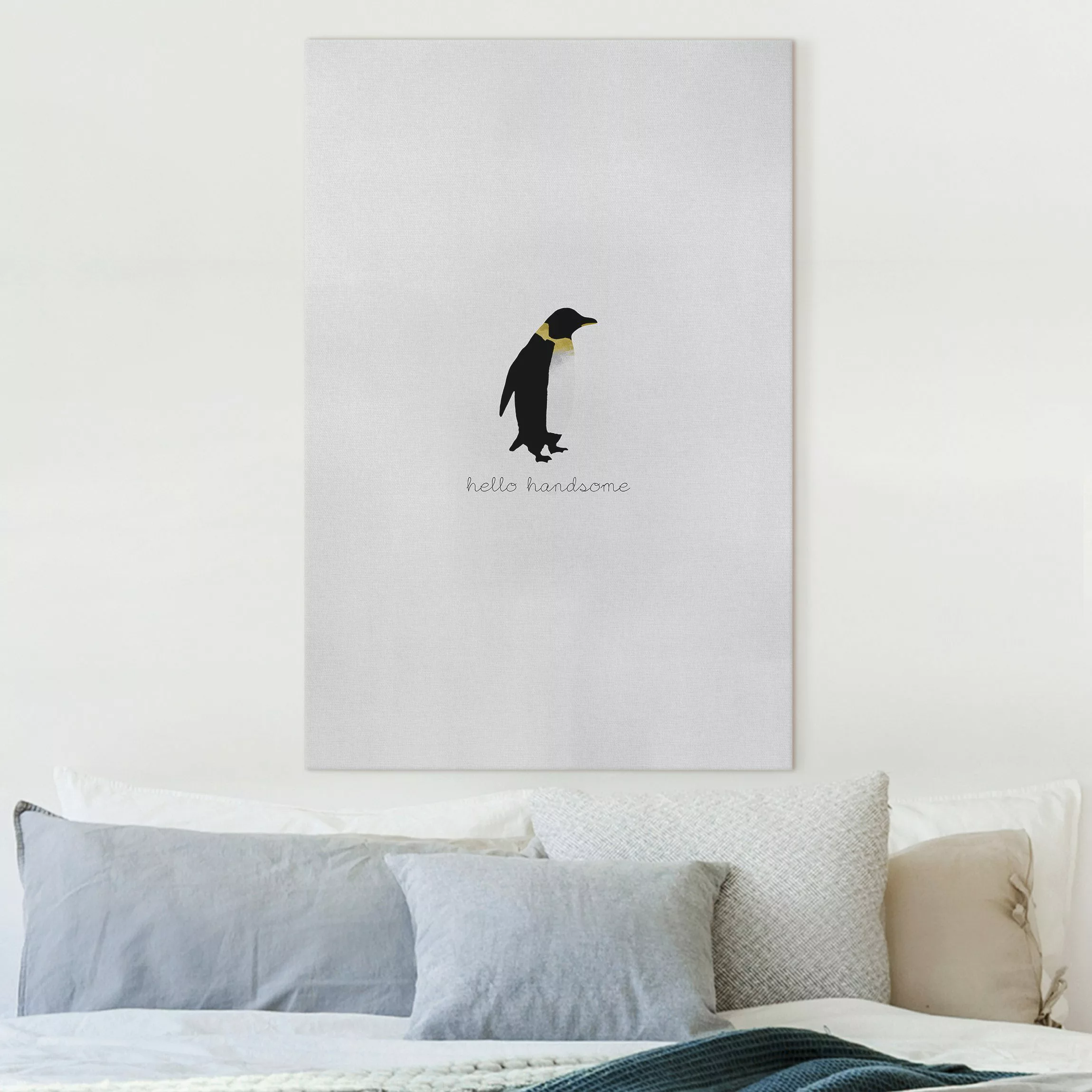 Leinwandbild Pinguin Zitat Hello Handsome günstig online kaufen