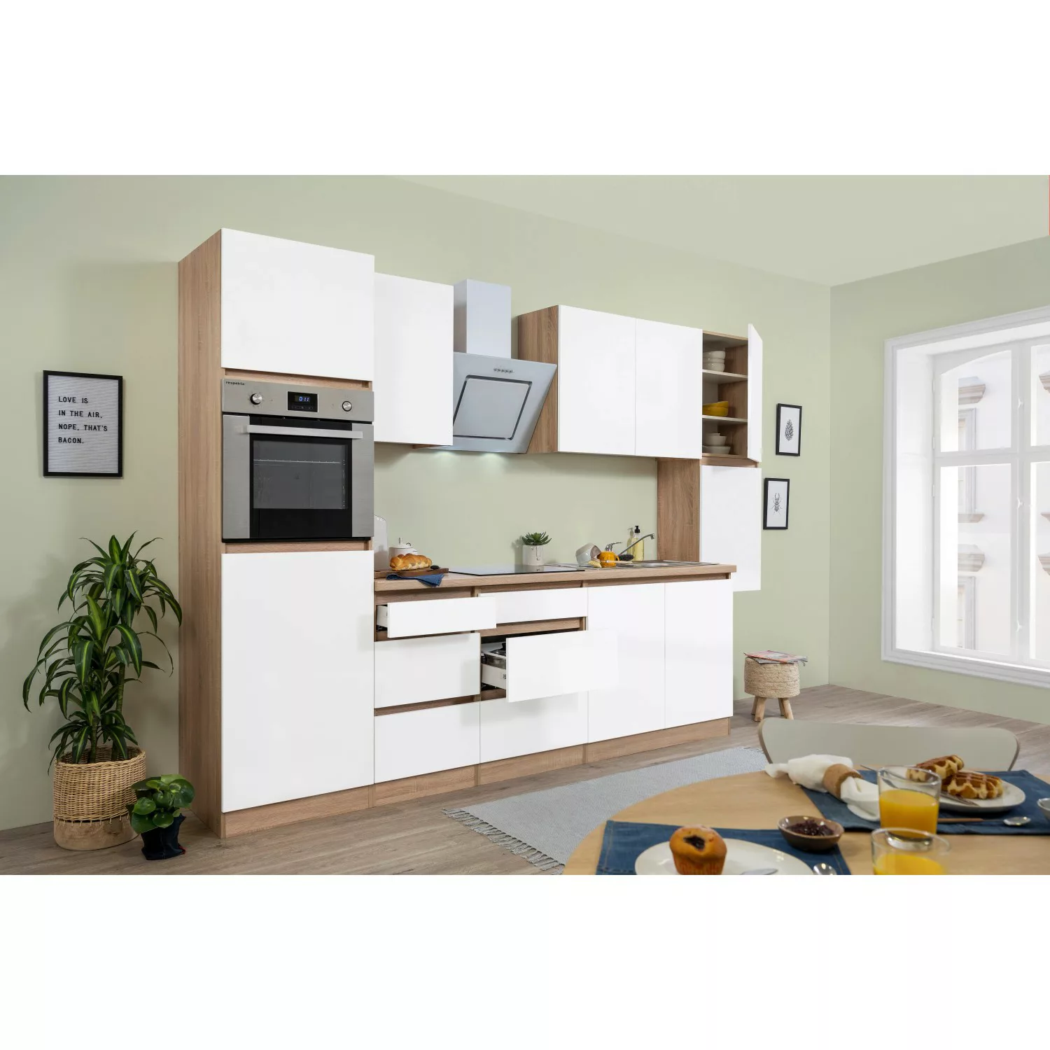 Respekta Küchenzeile GLRP320HESWM Grifflos 320 cm Weiß matt-Sonoma Eiche günstig online kaufen