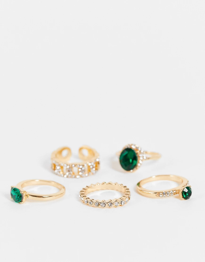 ALDO – Crohatlan – Set mit 5 Ringen in Goldoptik und Smaragdgrün-Goldfarben günstig online kaufen