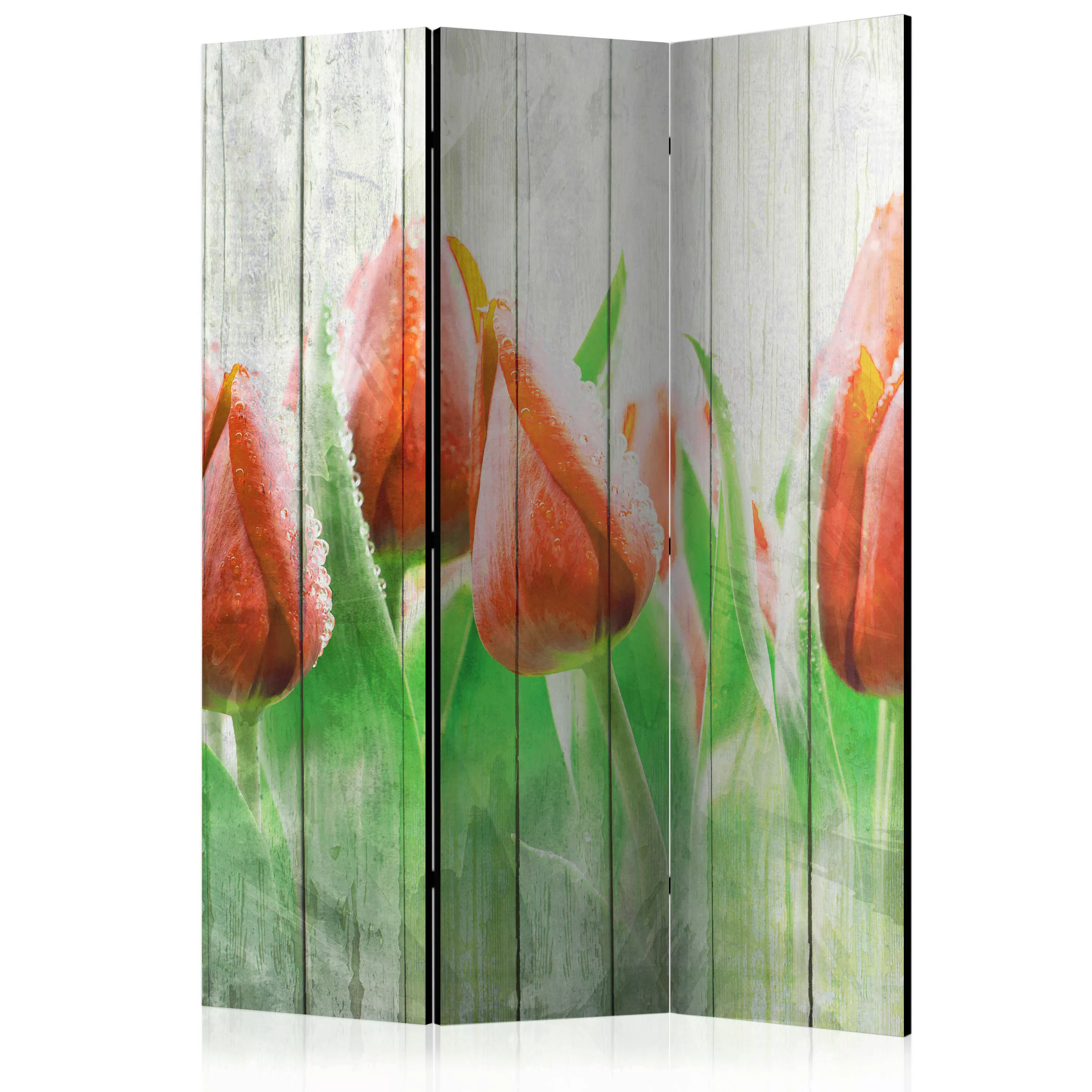 3-teiliges Paravent - Red Tulips On Wood [room Dividers] günstig online kaufen