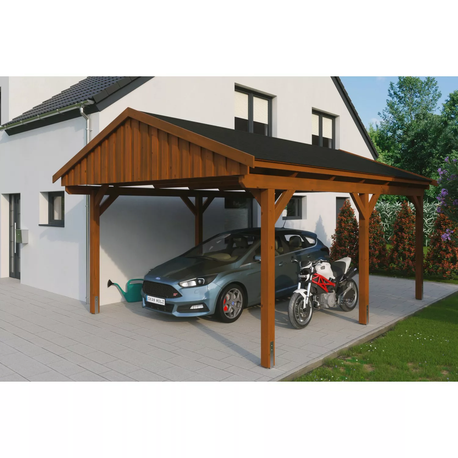 Skan Holz Carport Fichtelberg 423 cm x 566 cm Schwarze Schindeln Nussbaum günstig online kaufen