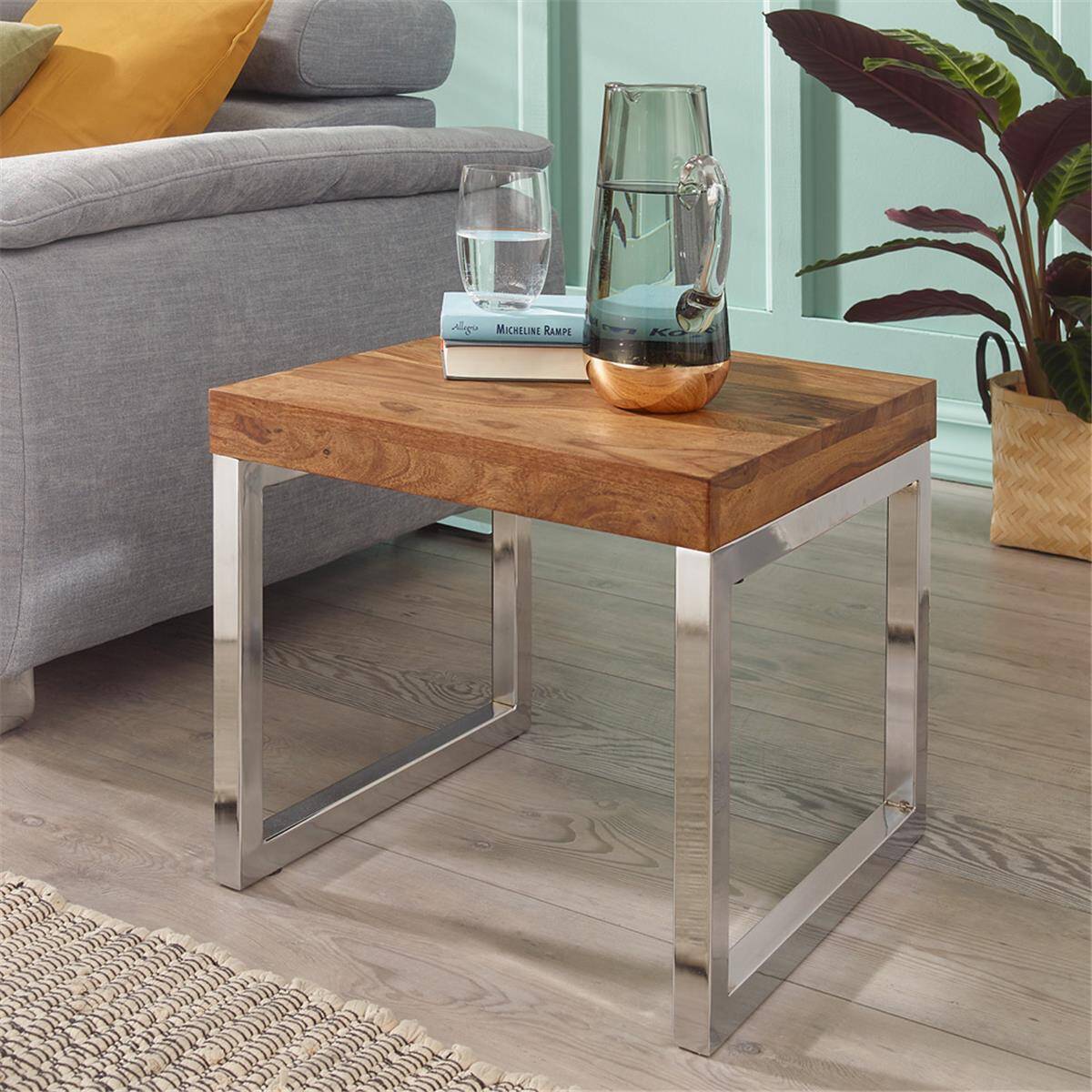 Beistelltisch Massiv-Holz Sheesham Wohnzimmer-Tisch Metallgestell Couchtisc günstig online kaufen