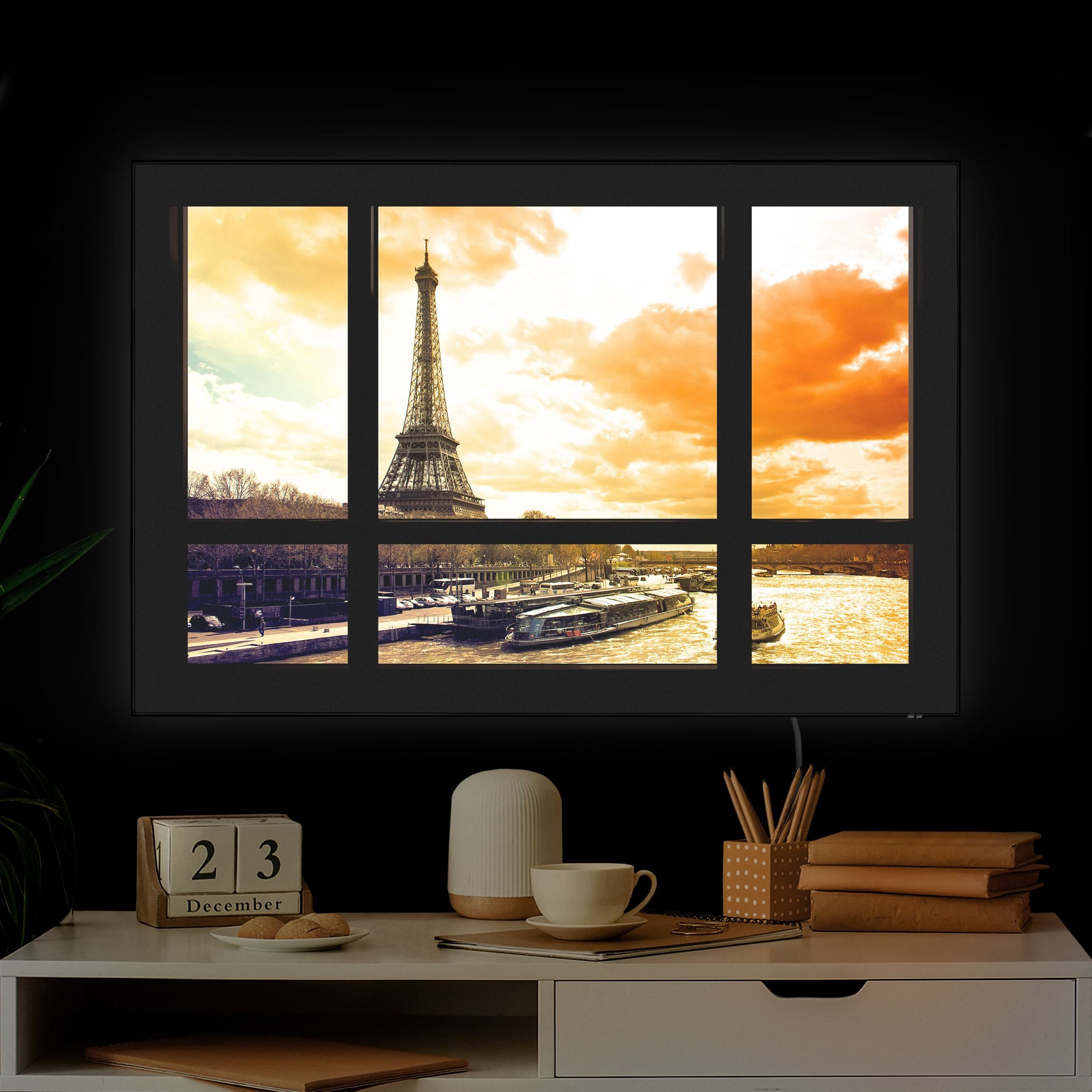 LED-Wechselbild Fensterblick - Paris Eiffelturm Sonnenuntergang günstig online kaufen