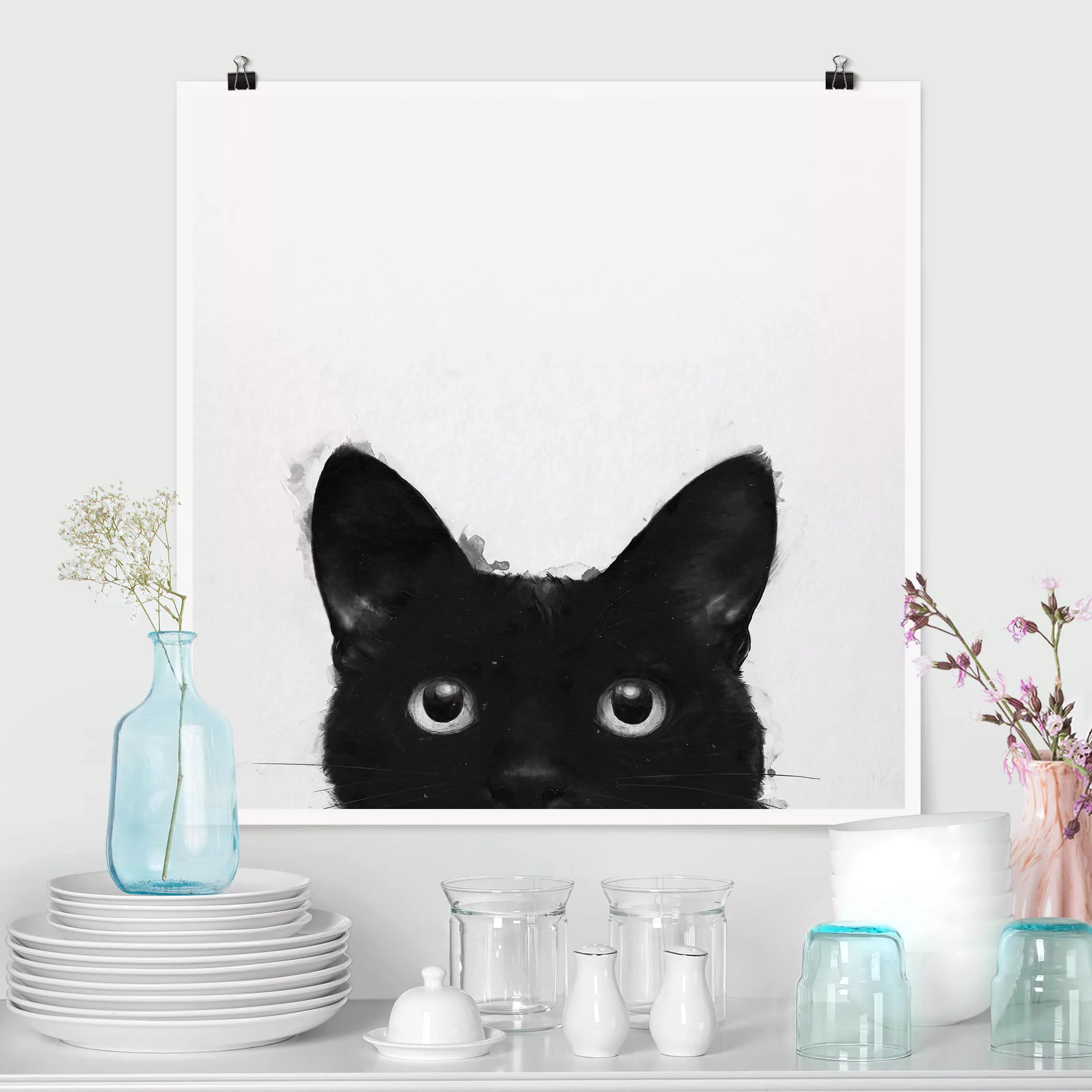 Poster Tiere - Quadrat Illustration Schwarze Katze auf Weiß Malerei günstig online kaufen