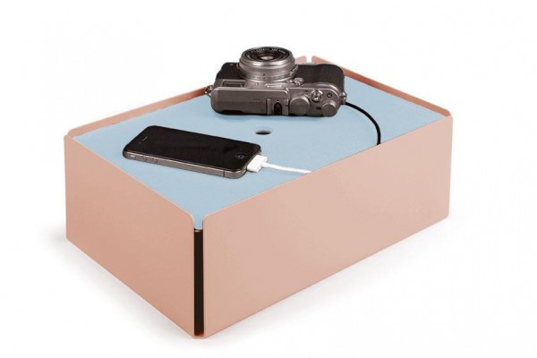Kabelbox CHARGE-BOX beigerot Leder hellblau günstig online kaufen