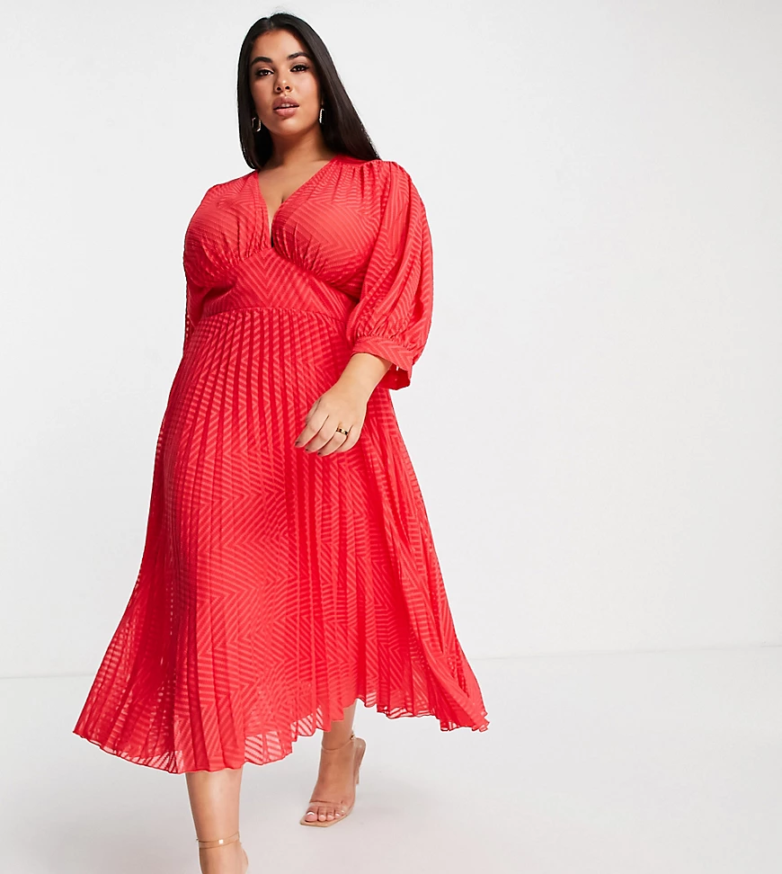 ASOS DESIGN Curve – Plissiertes Midikleid in Rot mit Fledermausärmeln, Zick günstig online kaufen