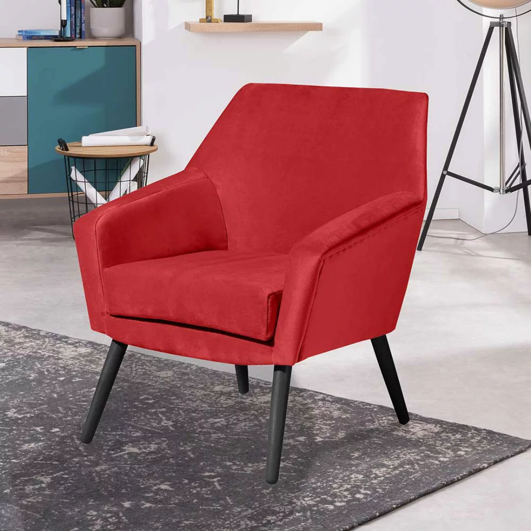 Sessel für kleine Räume in Rot Samtvelours Vierfußgestell aus Holz günstig online kaufen