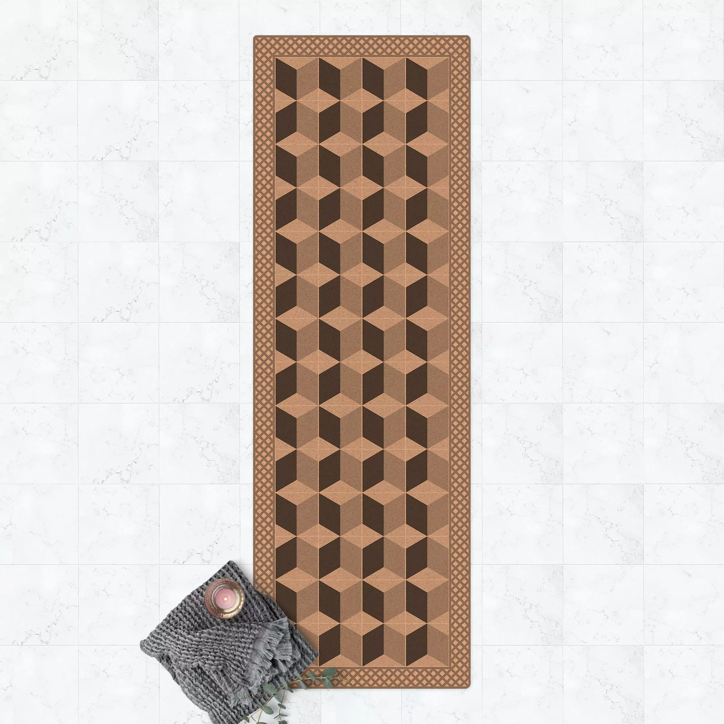 Kork-Teppich Geometrische Fliesen Stufenillusion in Grau mit Bordüre günstig online kaufen