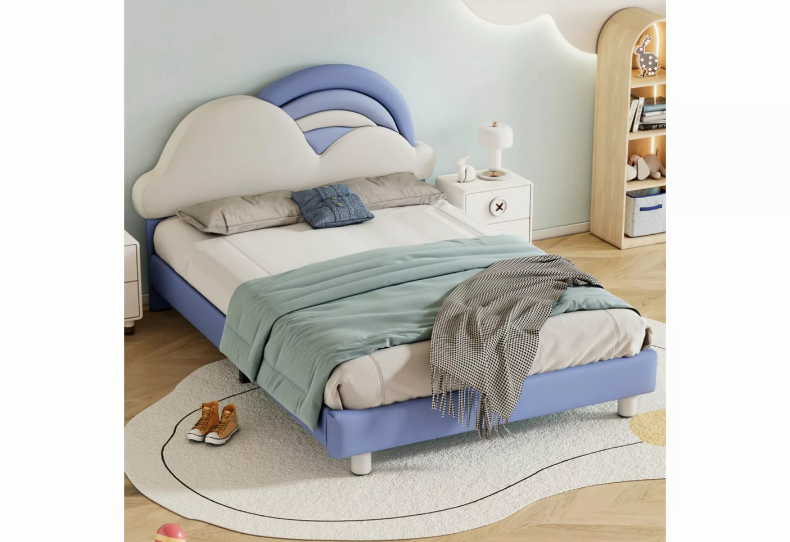 MODFU Kinderbett mit kuscheligem Regenbogenwolken-Kopfteil (Kinderbett, Hol günstig online kaufen
