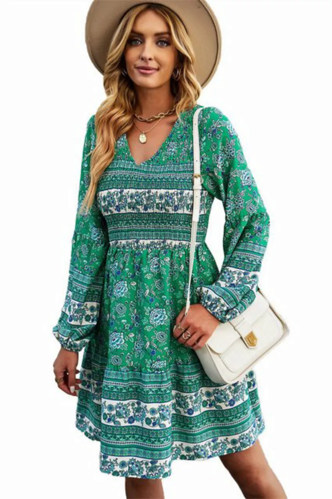 ZWY A-Linien-Kleid Langarmkleid mit V-Ausschnitt, bedrucktes Damenkleid günstig online kaufen