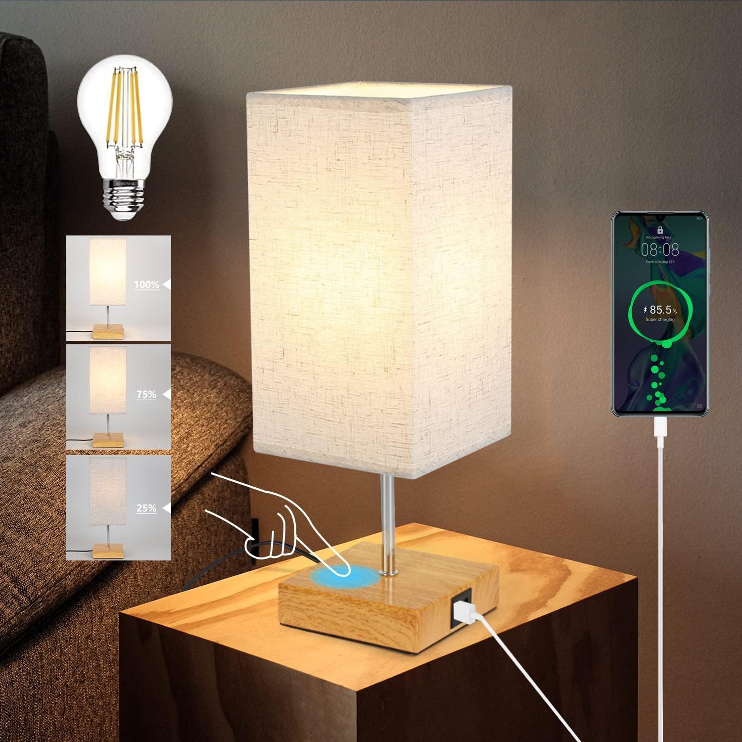 Nettlife Nachttischlampe Touch Dimmbar Stoffschirm E27 günstig online kaufen