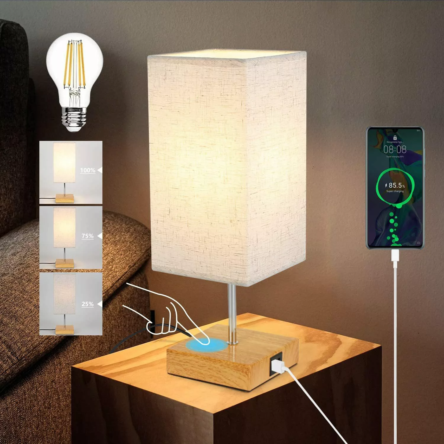 Nettlife Nachttischlampe Touch Dimmbar Stoffschirm E27 günstig online kaufen