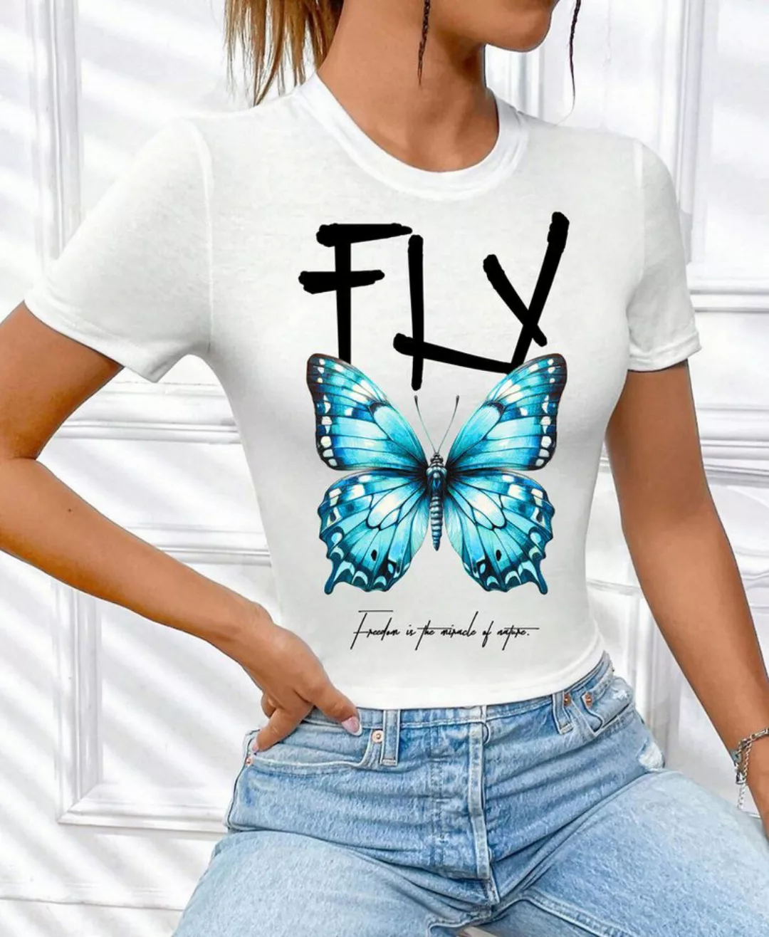 RMK T-Shirt Damen Shirt kurzarm Rundhalsausschnitt Butterfly 100% Baumwolle günstig online kaufen