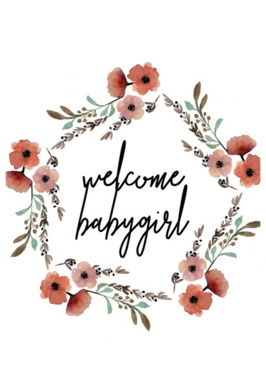 Poster / Leinwandbild - Kinderbild Welcome Babygirl Blumenkranz günstig online kaufen