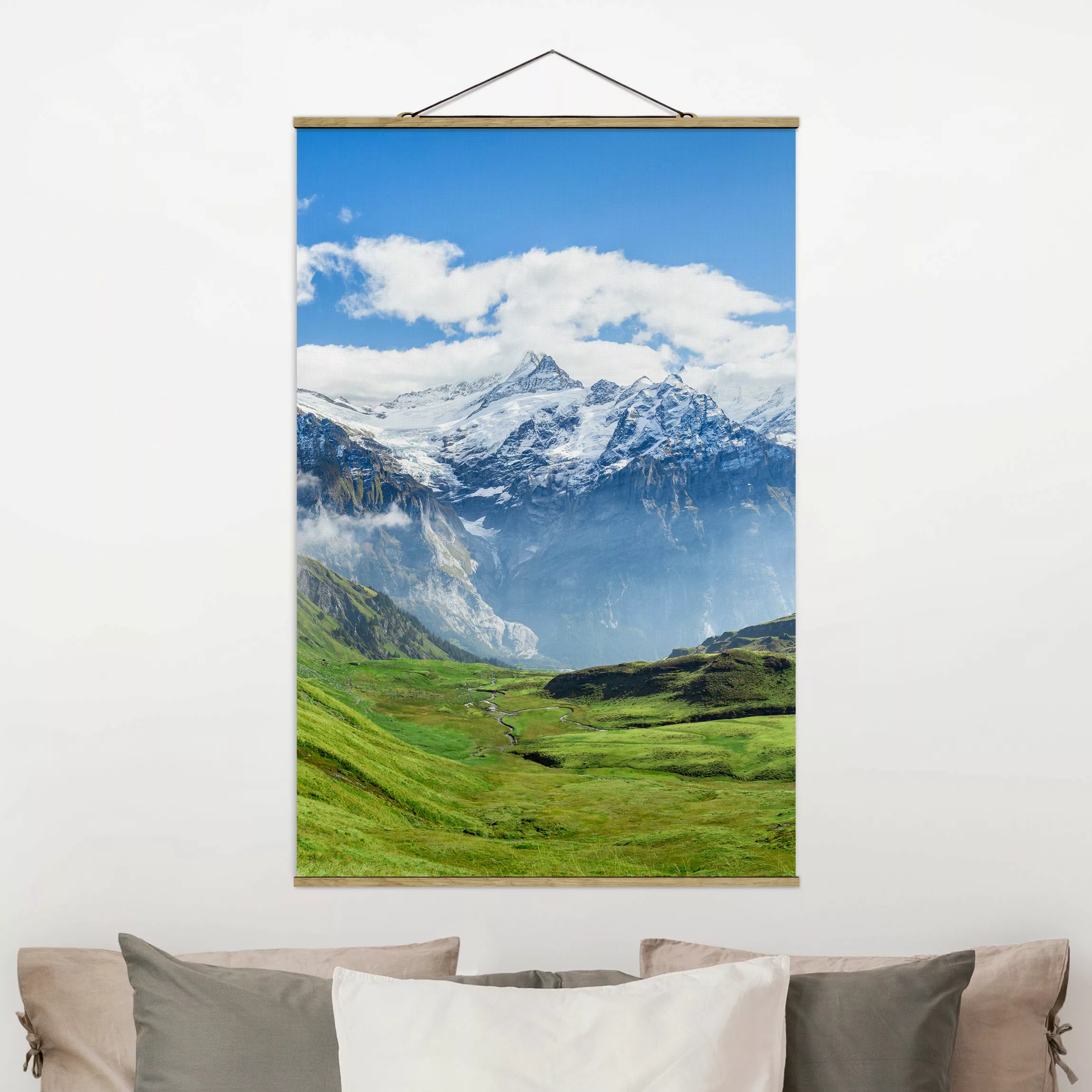 Stoffbild mit Posterleisten Schweizer Alpenpanorama günstig online kaufen