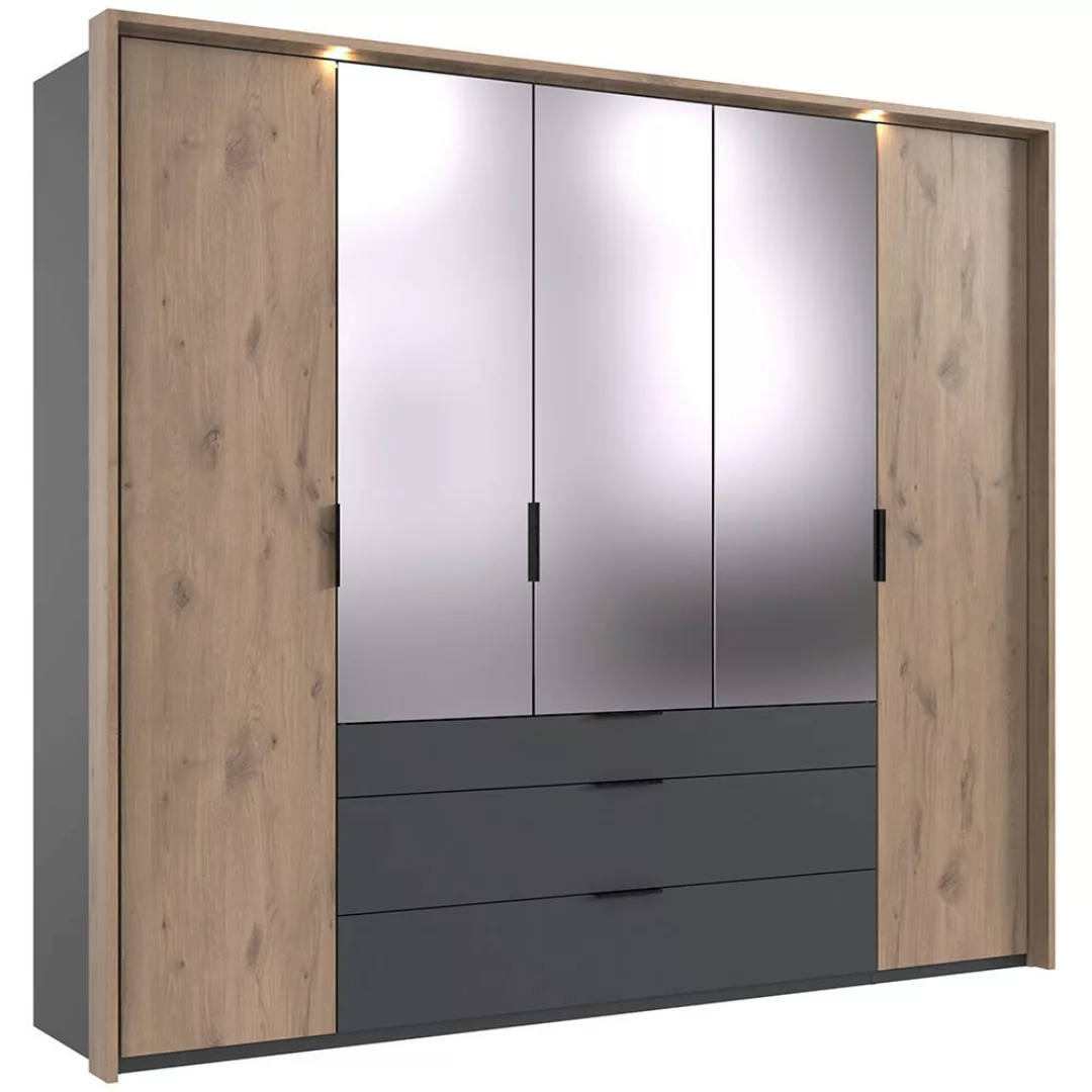 Kleiderschrank 254 cm breit inkl. Spiegel und Beleuchtung in grau mit Eiche günstig online kaufen