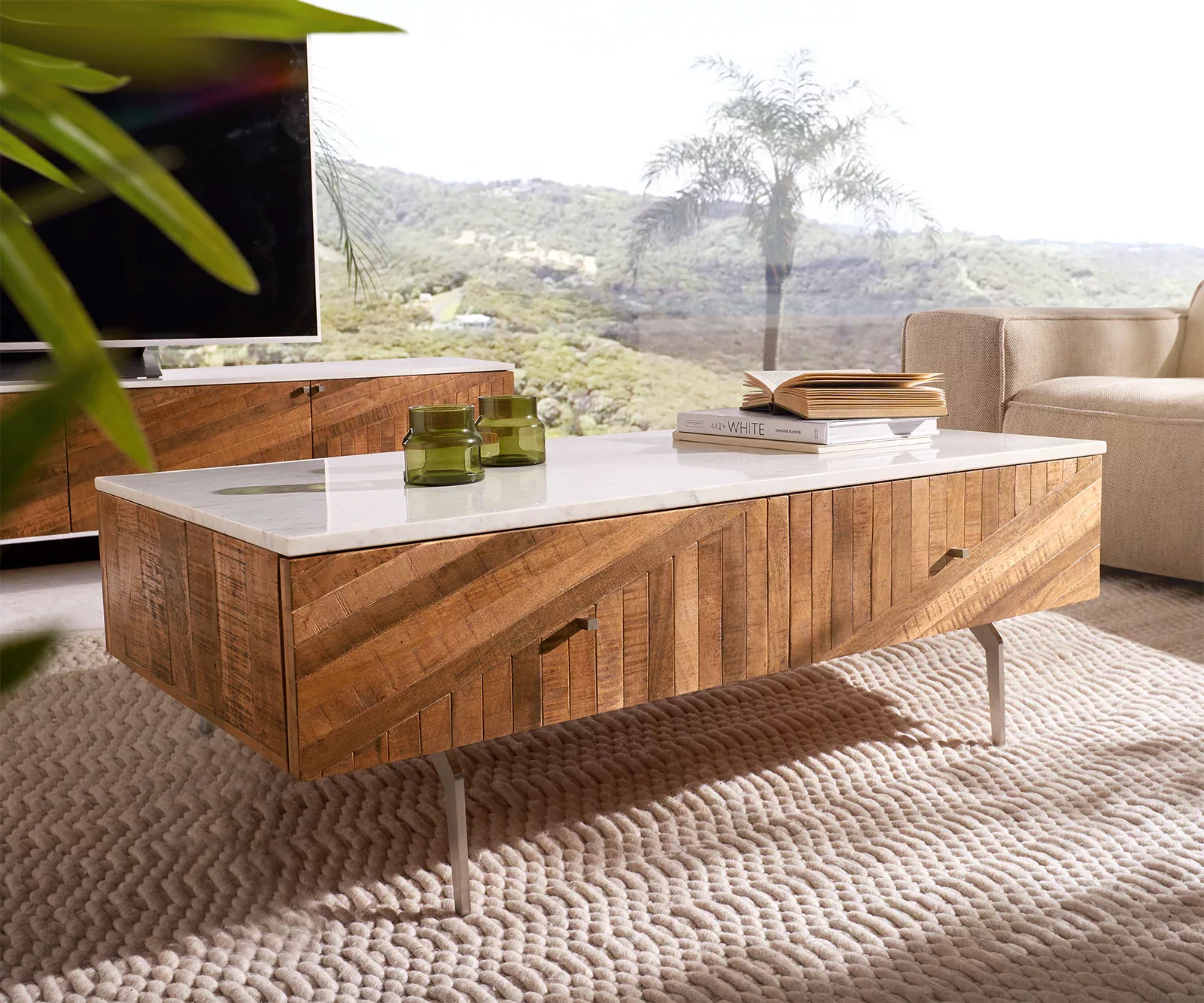 Couchtisch Bahan 115x60 cm Mango Teak 2 Schubladen Marmorplatte weiss Winke günstig online kaufen